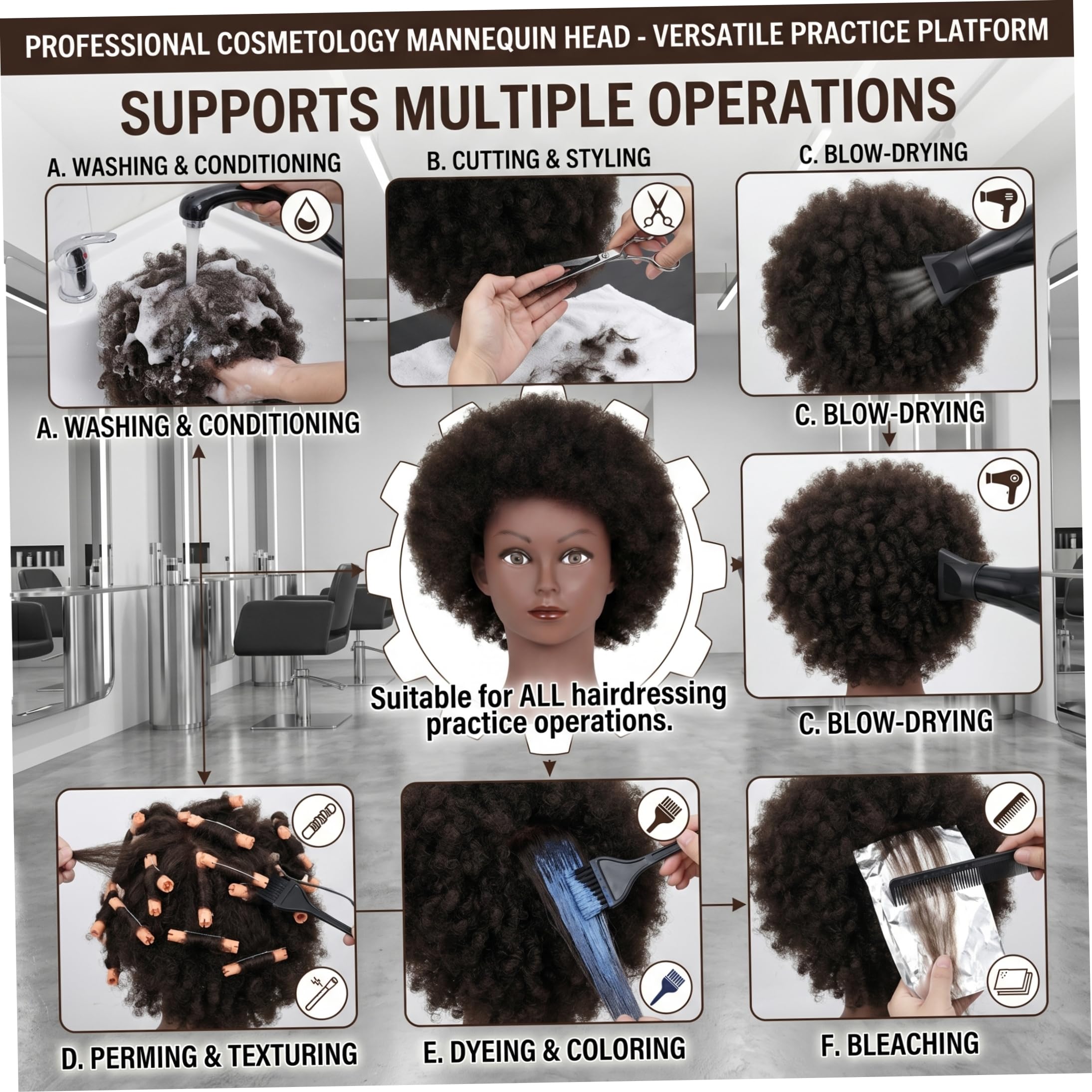 Schaufensterpuppenkopf mit Haaren, Afro-Locken, Schaufensterpuppenkopf, Echthaar, für Friseurpraxis, Kosmetikpuppe, Haarstyling, Verlängerung, Flechten, Bleichen, Färben, 20, 3 cm