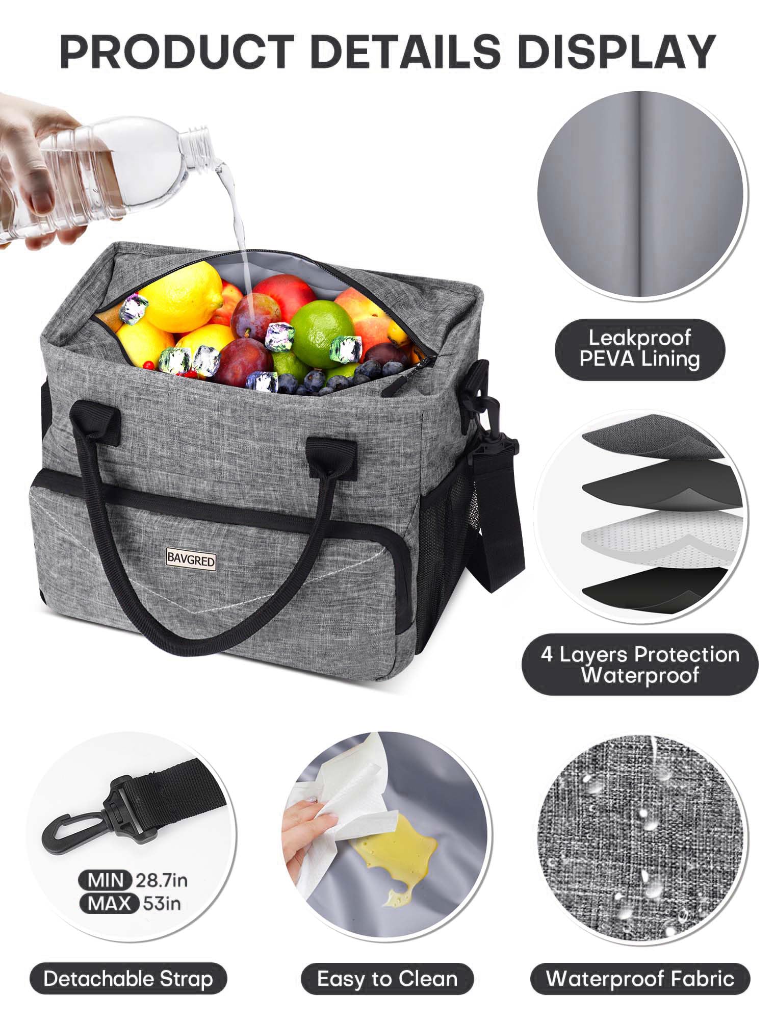 BAVGRED Insulated Lunch Bags, Large Capacity Leakproof Cooler Bag, Women Lunch Tote Bag with Shoulder Strap, Adult Lunch Box for Work Picnic Beach