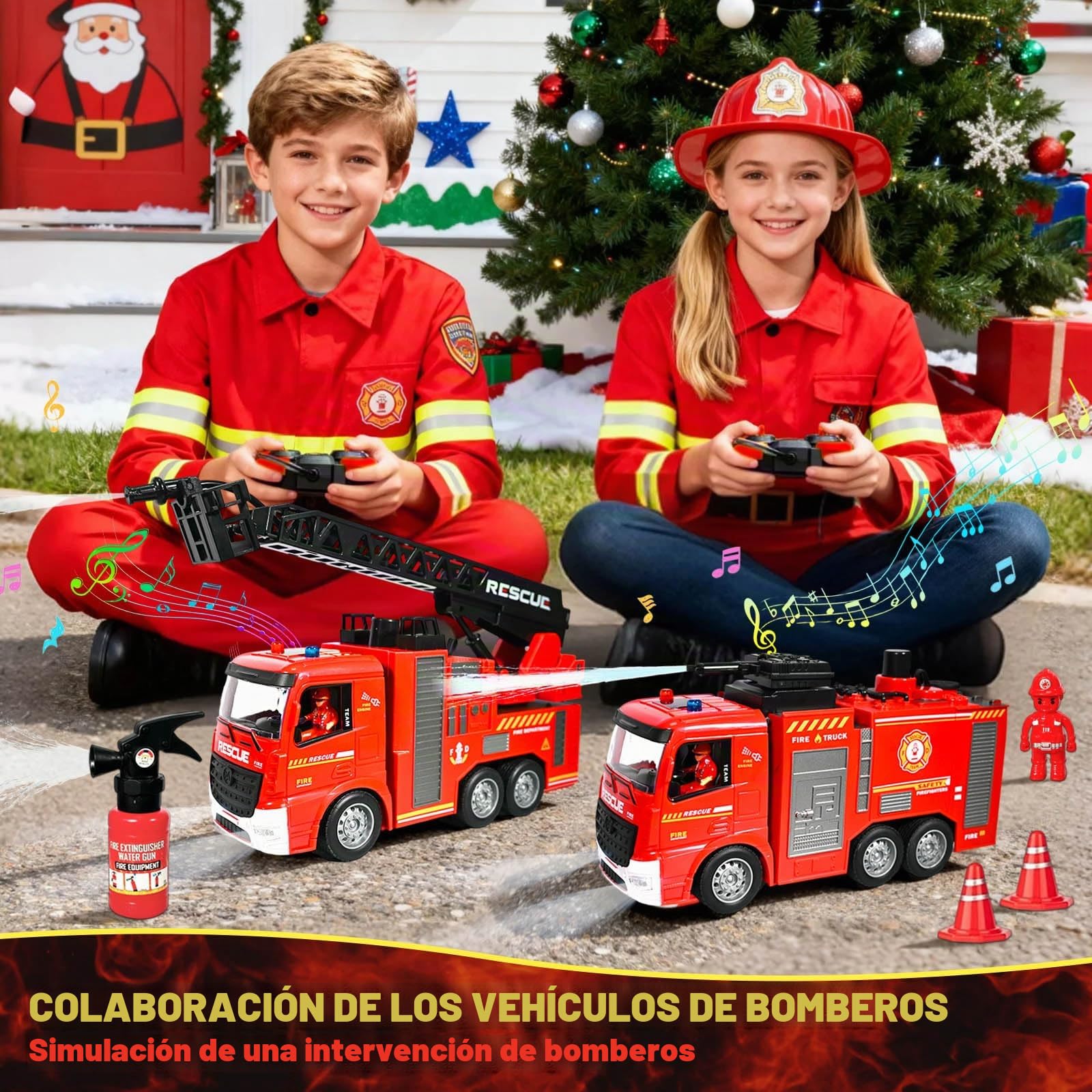 HILKKET 2 Camion Bomberos Juguete con Luces, Sonidos, Escalera y Manguera, Set de Camión de Bomberos con 2 Bomberos, 4 Cubos y 1 Extintor, Set de Juguetes de Bomberos para Niños