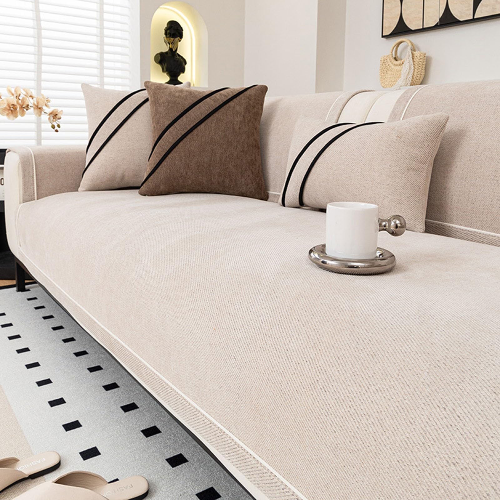 Soft Chenille Sofa Cover 2 3 4 Seater L-Shape Sectional, Non-Slip Washable Heavy Duty Couch Protector for Leather Sofa, Pet & Dog Friendly Furniture Cover for Living Room(Taupe,70x70cm)