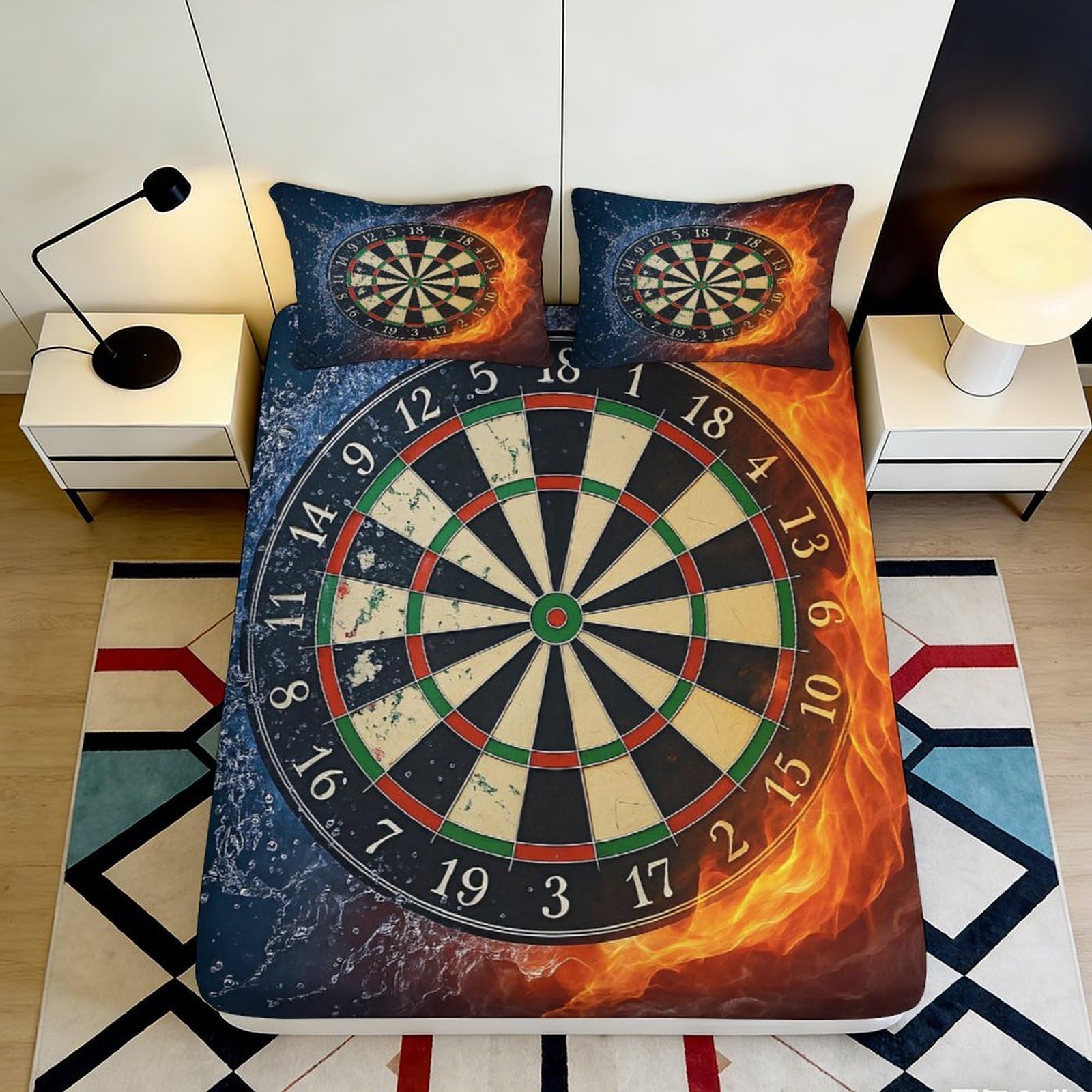 3D Printed Fire and Water Dartboard Fitted Sheet Microfiber Soft Breathable Flame Design Bed Cover for Bedroom Dormitory Guest Room Protection 160x200x25cm