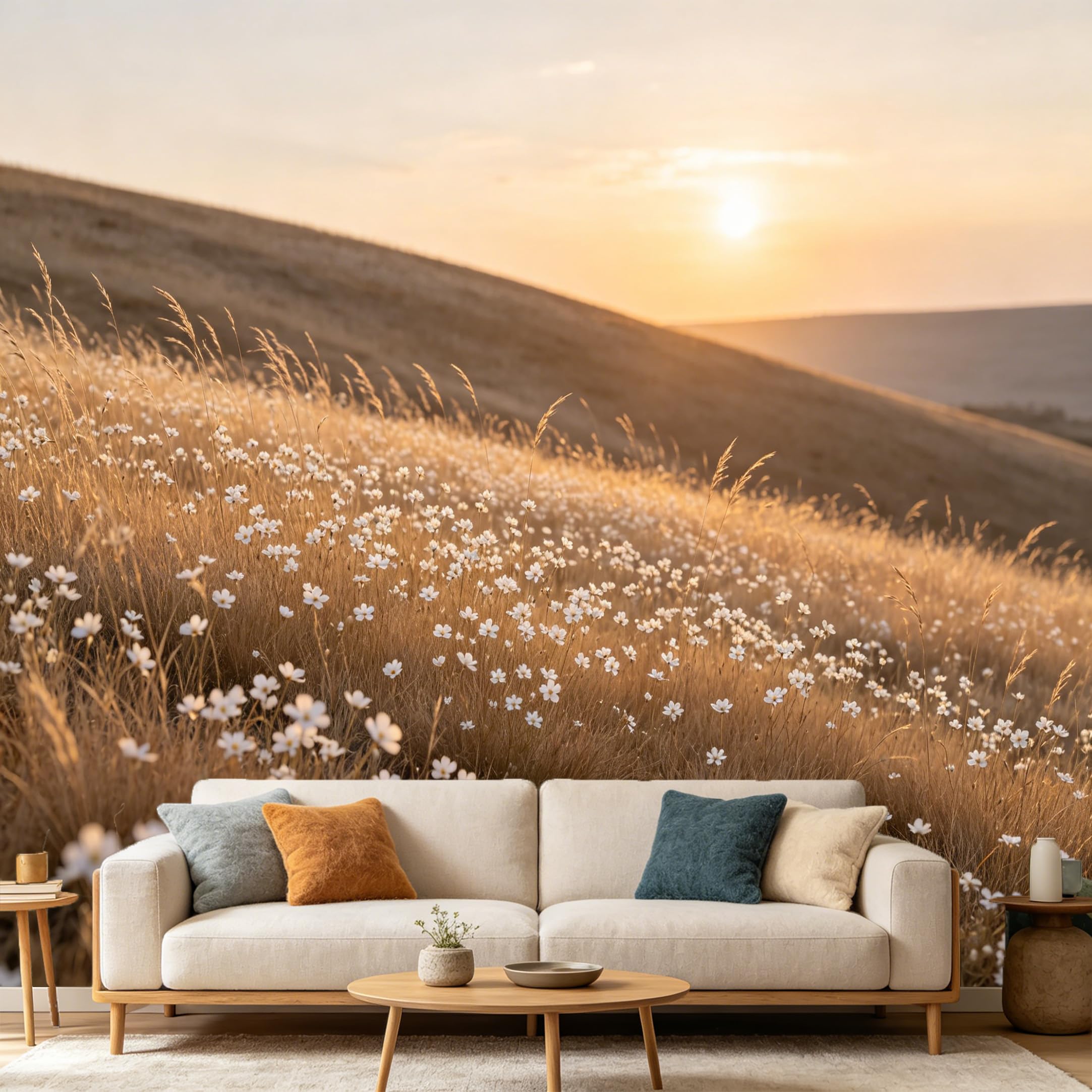 Custom Size Wall Mural Sunset Golden Meadow Field Wildflowers Landscape SelfAdhesive Art Prints wall Fabric（No PVC） Removable Wallpaper Home Bedroom Decor