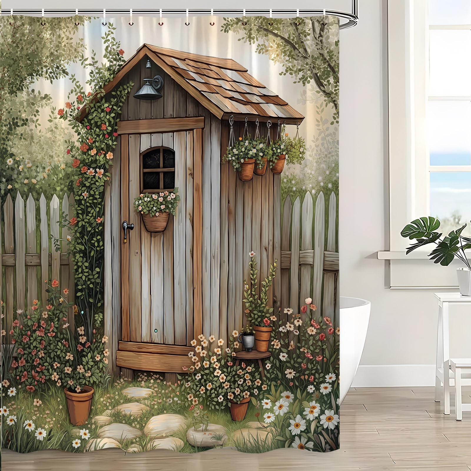 UPUMKSK Outhouse Shower Curtain Primitive Rustic Farmhouse Country Spring Garden Western Vintage Wooden Green Leaves Tree Nature Scenery Bath Curtain