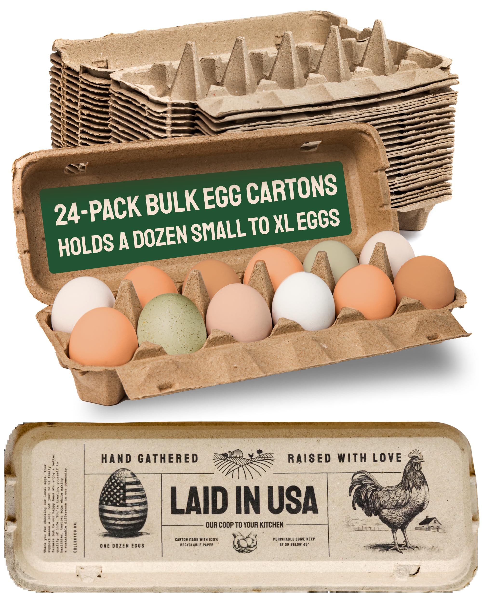PTCOM Hatortempt Bulk Egg Cartons - 24-Pack, Reusable 12-Count Basket - Recycled Paper Pulp Protection & Ventilation - Fits Small to XL Sizes - Dozen Egg Carton Basket