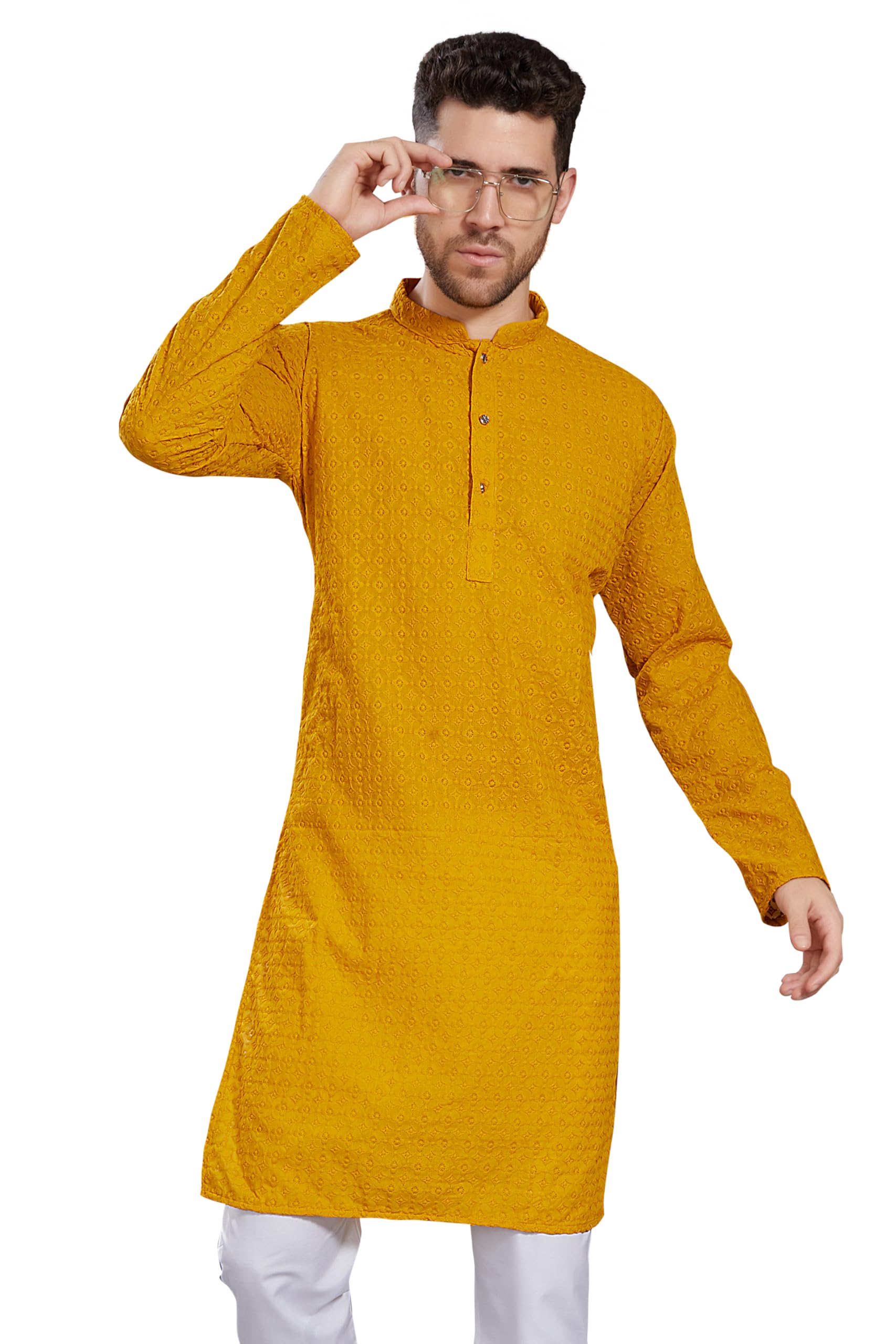 Divisive Men's Thread Embroidered Cotton Blend Only Slim Fit Kurta (Dkrt785_S_Yellow)
