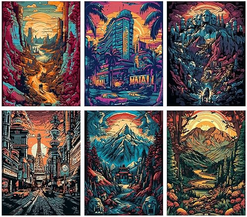 CYNART Paquete de 6 kits de pintura por números para adultos, atracciones estadounidenses, viajes por ciudad, kit de pintura acrílica por números,