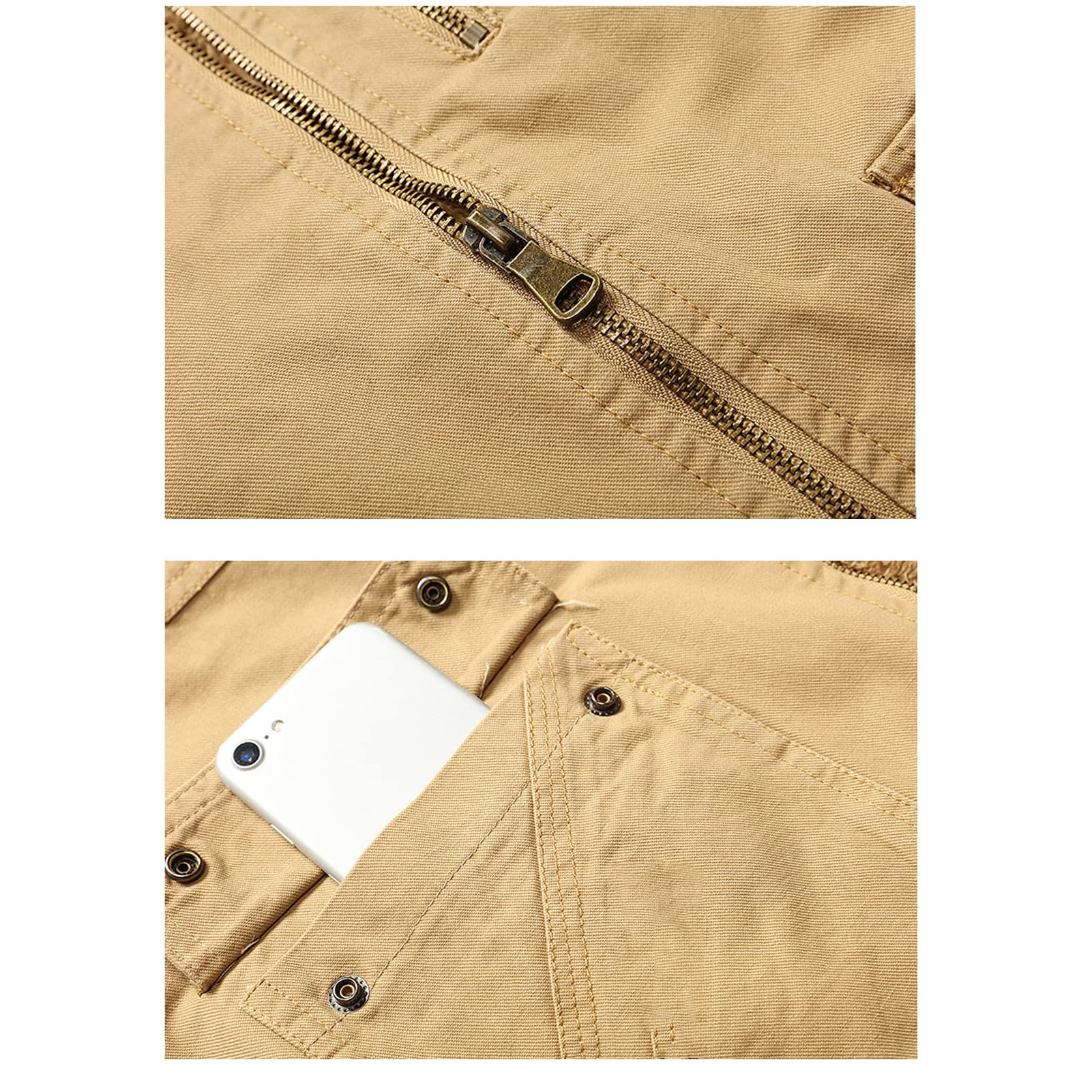 Hombre de algodón Fleece Grueso Gilet Chaleco Outwear Outwear Outdoor Casual Zip Up Pesca Chaleco cálido Hombre Chaqueta Multi Pocket Capa de Carga Light Khaki-XXL