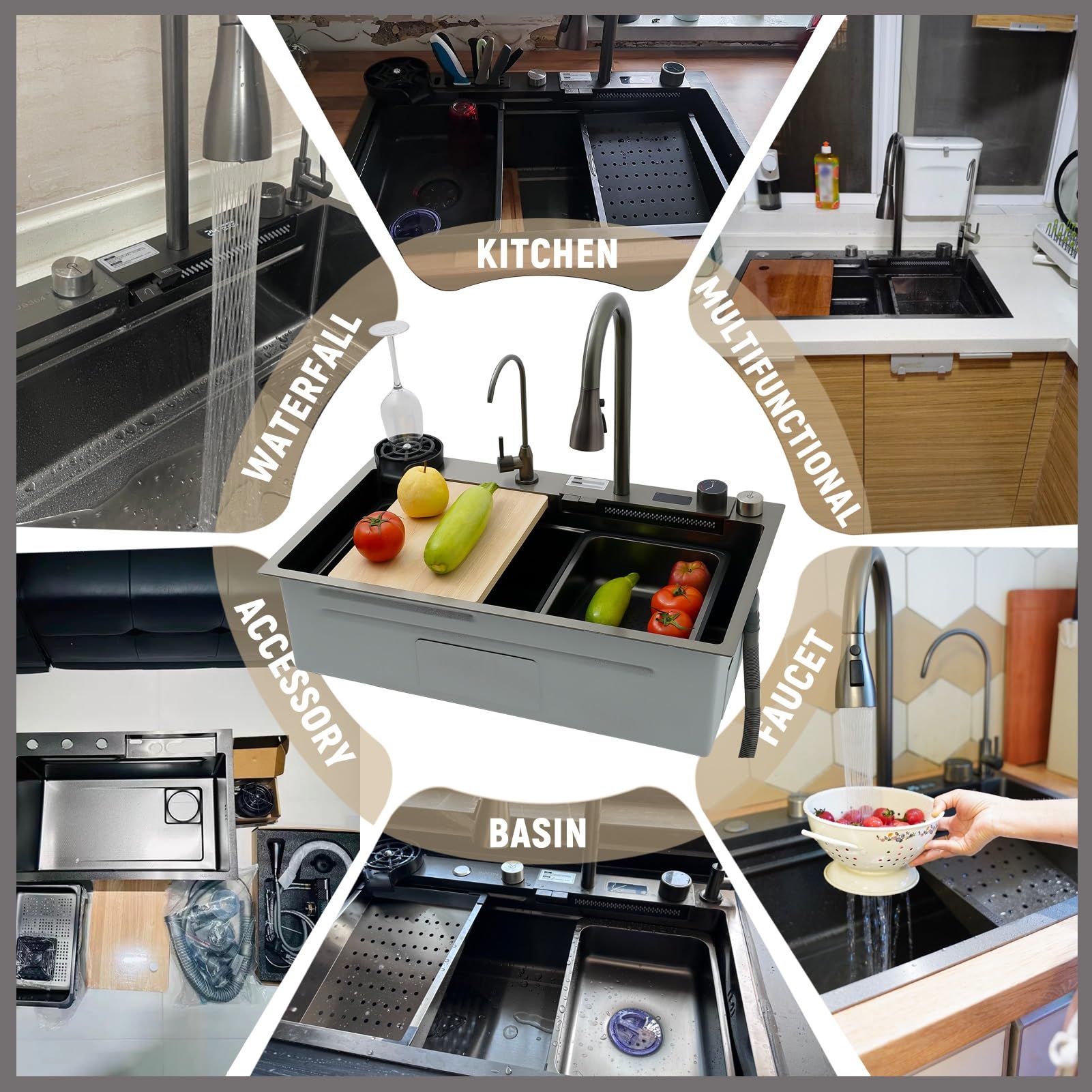 Fregadero de Cocina de 1 Cubeta 68x45 cm, Negro cascada Fregadero de Acero Inoxidable, con Grifo Cocina Extraible, cesta de drenaje, sifón, rebosadero y desagüe así como otros accesorios