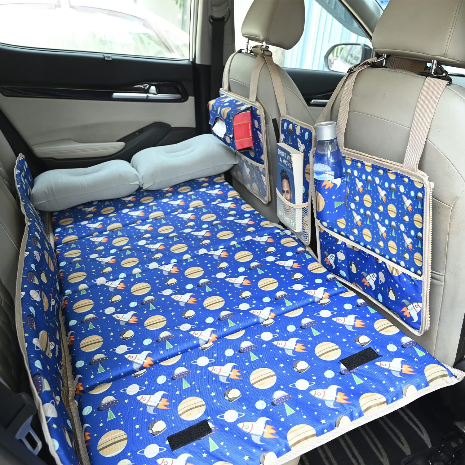 Allextreme CB-S06 Non-Inflatable Car Bed with Two Pillows Portable & Foldable Design Polyester Fabric Back Seat Sleeping Mattress & Multi Storage Organizer for Baby Kids Travel Camping Picnic (Blue)