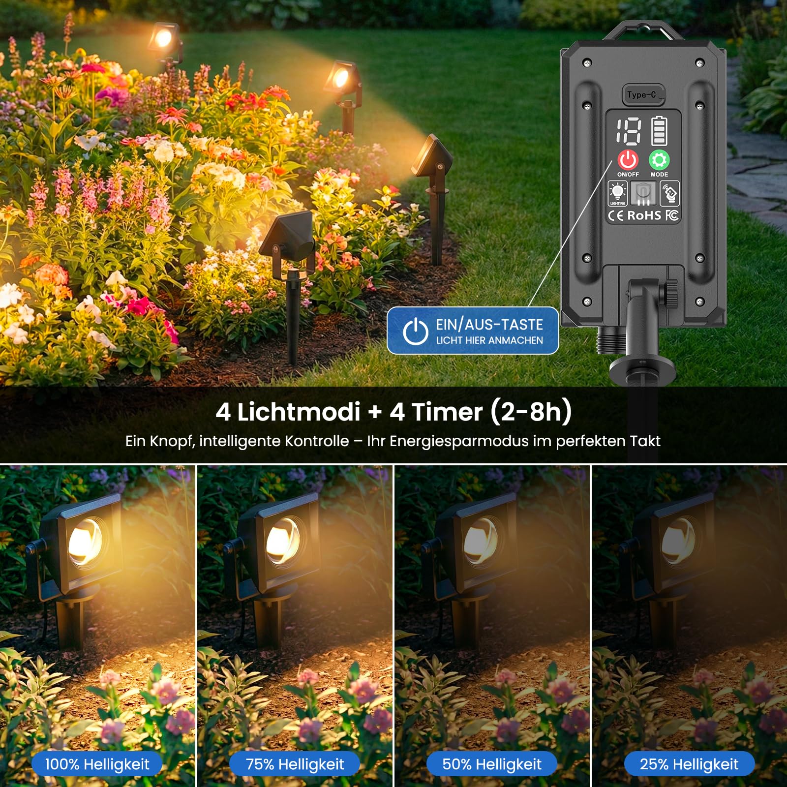 Solarlampen für Außen, Solar-Gartenstrahler mit 4 Timerstufen + 4 Helligkeitsstufen, Solarstrahler für Außen Garten, Automatisches Ein-/Ausschalten, IP65 Wasserdicht Solar Strahler Außen