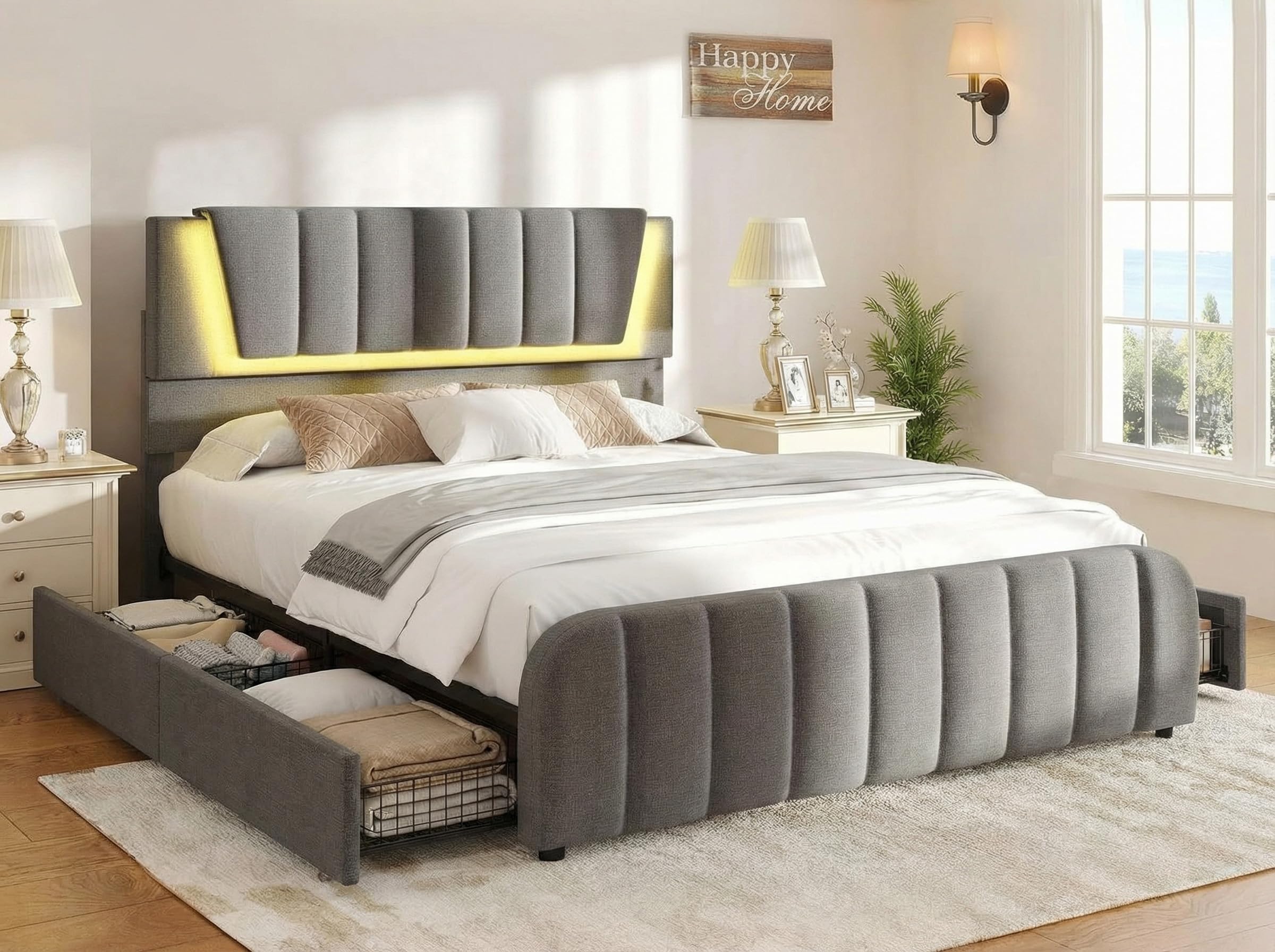 Photo 1 of ***PARTIAL SET - HARDWARE ONLY***Decofy Full Size LED Platform Bed Frame with Soft-Glow Mood Lighting & Adjustable Upholstered Headboard, Modern Linen Bed with Storage Drawers, Heavy Duty Metal Support, No Box Spring Needed, Grey