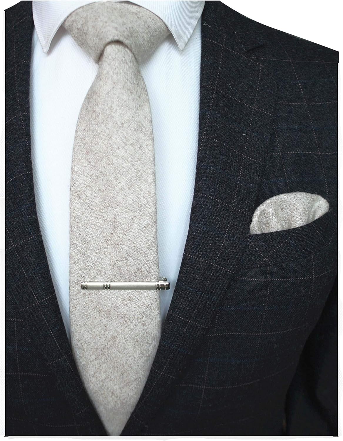 JEMYGINS Solid Color Cotton Cashmere Necktie and Pocket Square Tie Clip Sets for Men - Image 2