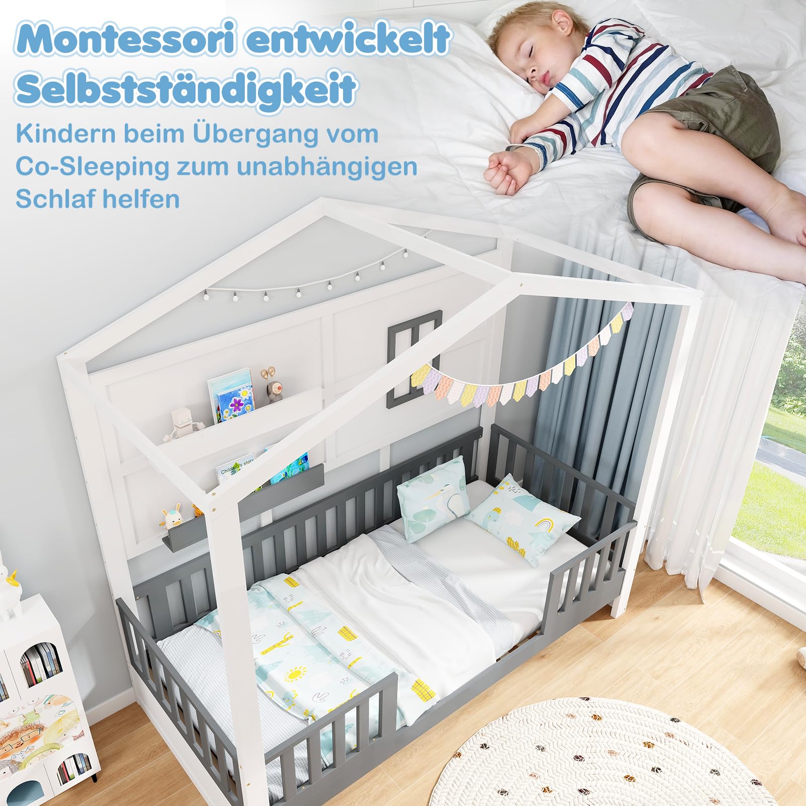 COSTWAY Hausbett 90x200 cm, Kinderbett mit Rausfallschutz und 2 Regalen, Holzbett in Hausform mit Fenster & Lattenrost, Montessori-Bodenbett, Weiß + Grau