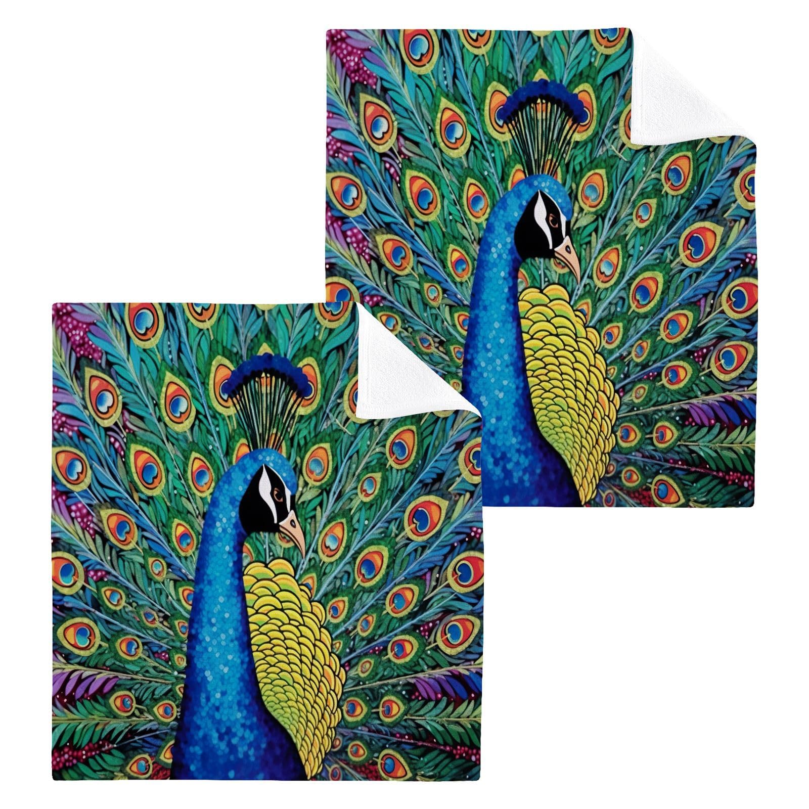YETTASBIN Peacock Washcloths 2 Pack, Soft Absorbent Cotton Baby Face Towels, Washable Reusable Fingertip Towels for Bath Gym Hotel Spa, 12 x 12 Inch