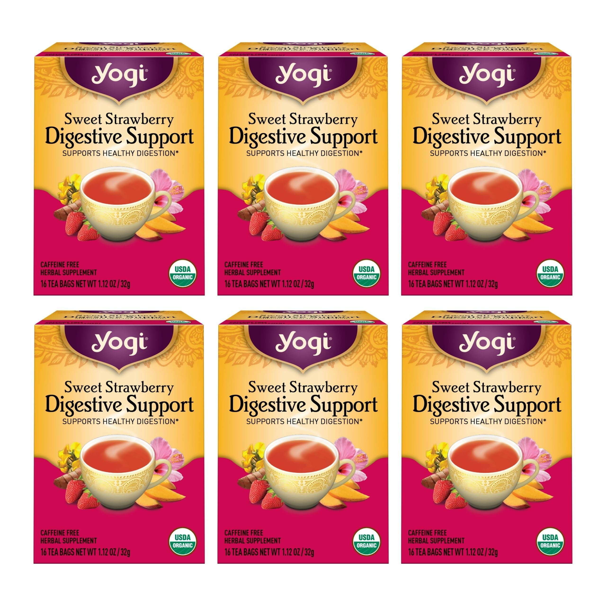 Yogi Tea Sweet Strawberry Digestive Support - 16 Tea Bags per Pack (6 Pack) - Organic Turmeric Tea Bags - Digestive Support Tea - Includes Turmeric