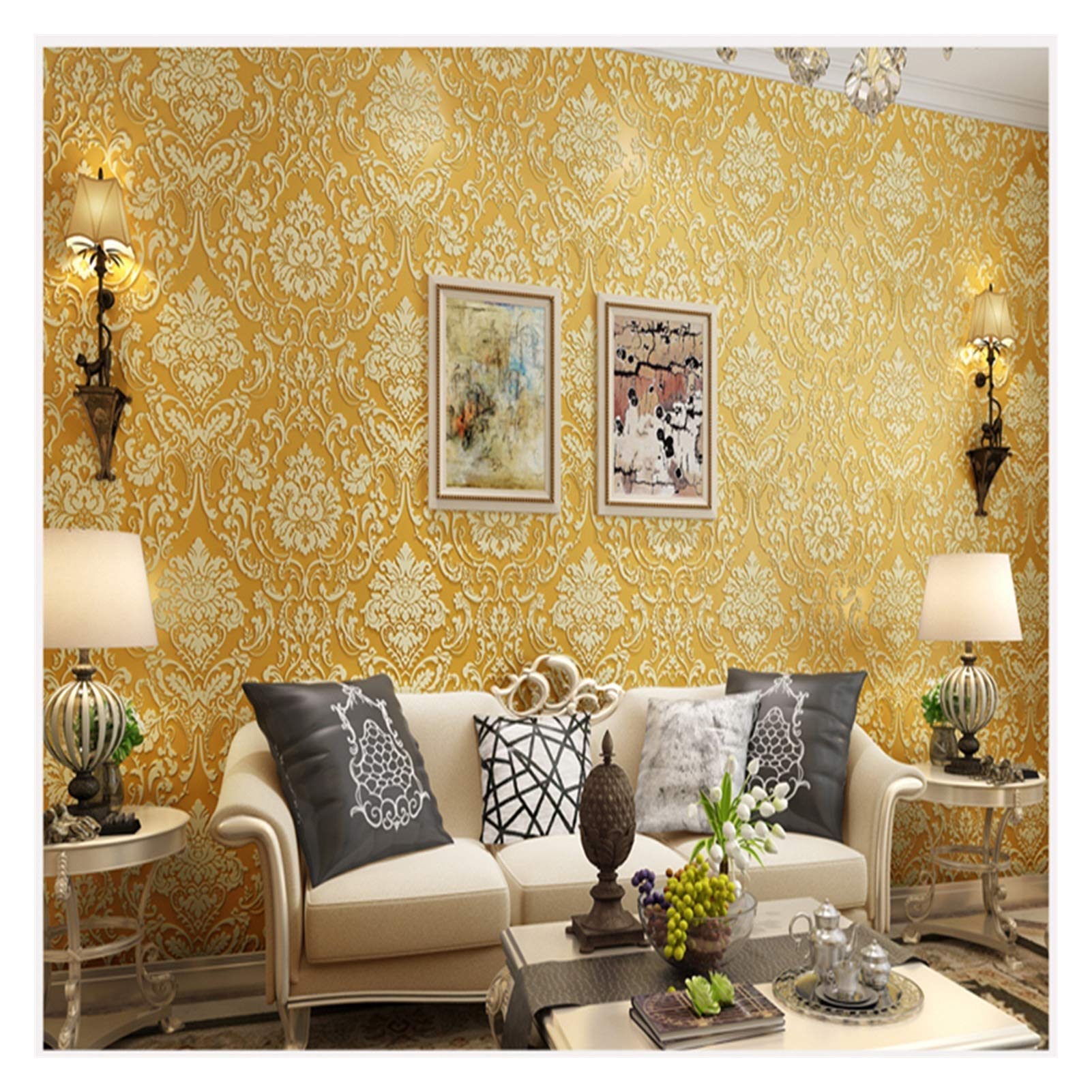 Papel Pintado Autoadhesivo Dorado, Papel Pintado Europeo Retro de Alta Gama, Papel Pintado Decorativo de Pared bellamente renovado, 0,53 x 5 m