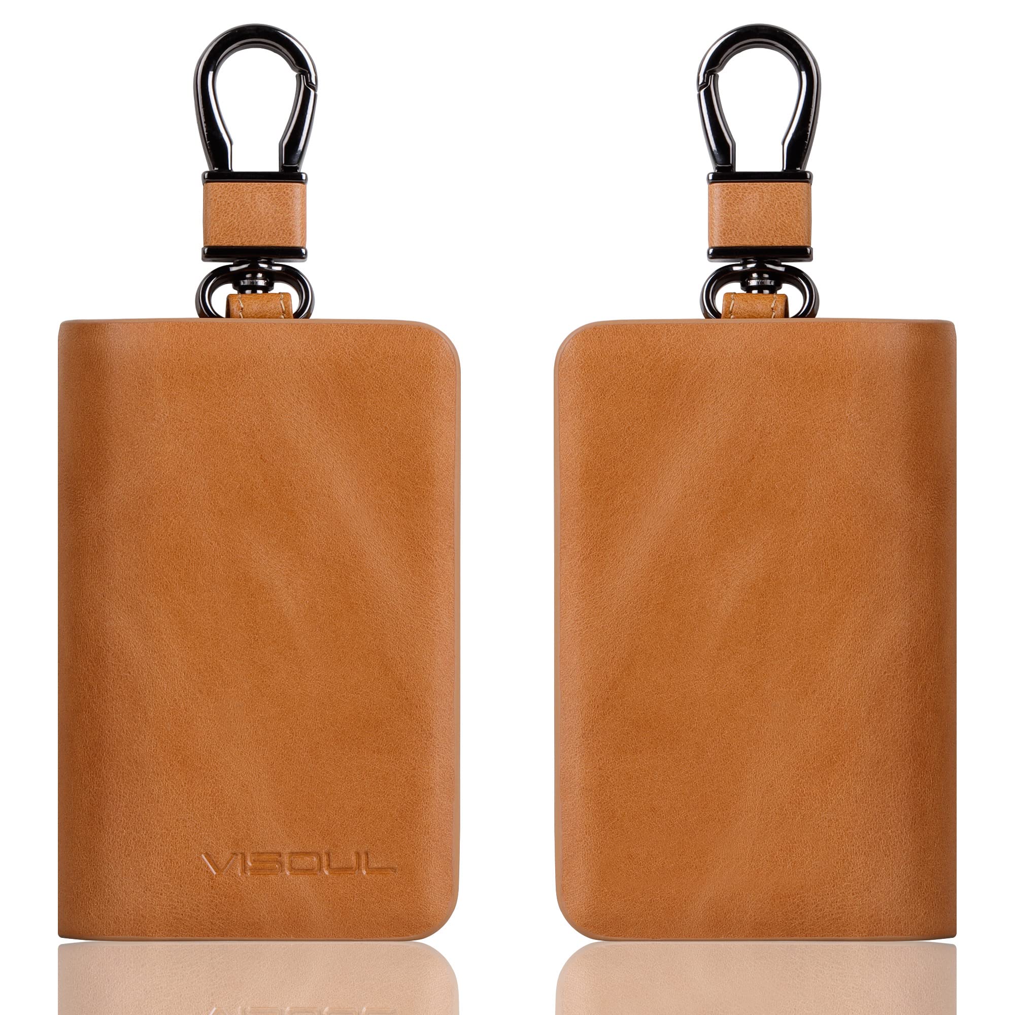 VISOUL Leather Car Key Fob Case Holder for Men and Women, Double Zipper Key Case Bag with Keychain and Remote Metal Hook for Smart Key Fob and House Keys-Tan