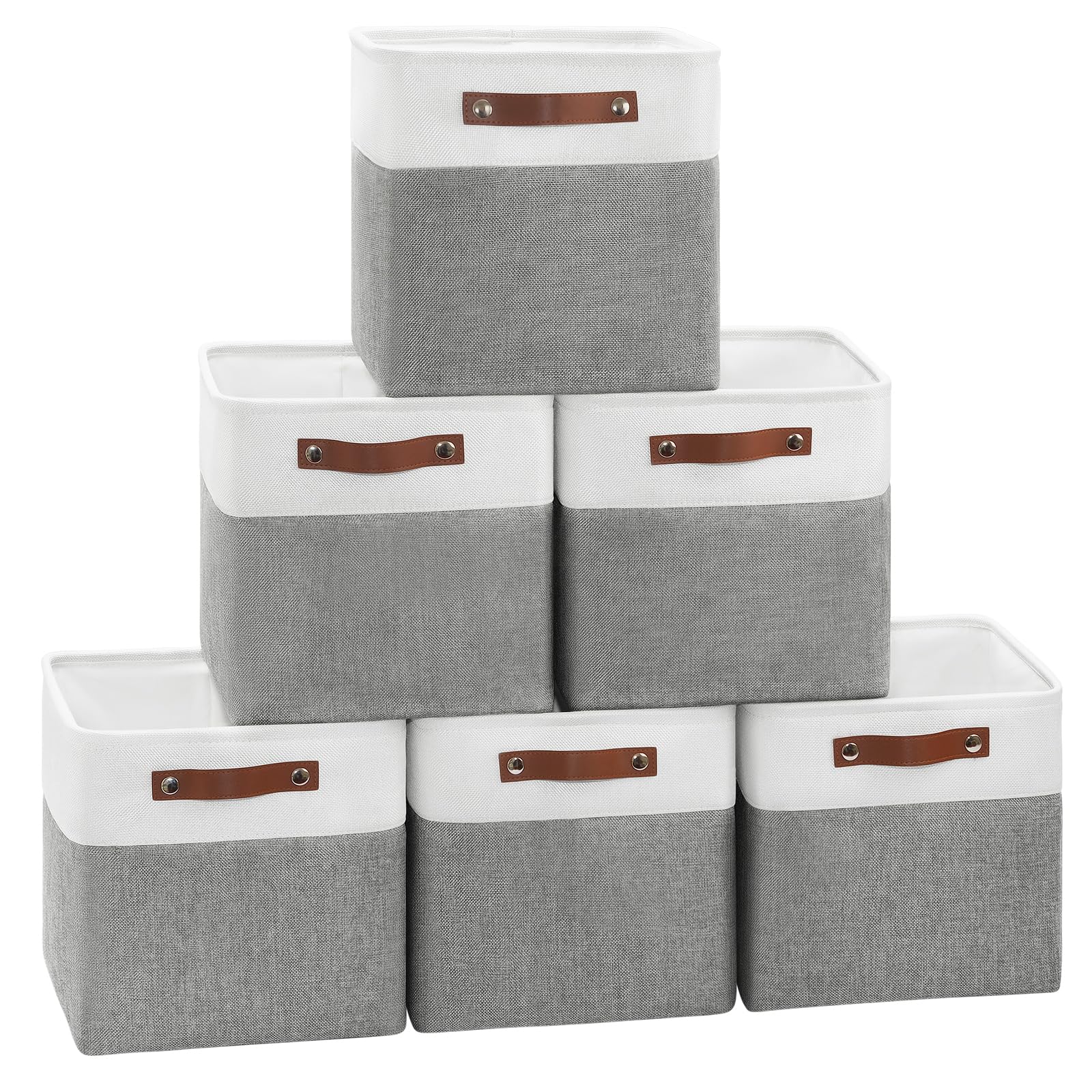 Patvingot Collapsible Fabric Cube Storage Bins 11x11×11, Pack of 6 Closet Basket Boxes with PU Handles for Organizing Shelves, Toys, Clothes, Home, Office (White & Gray)