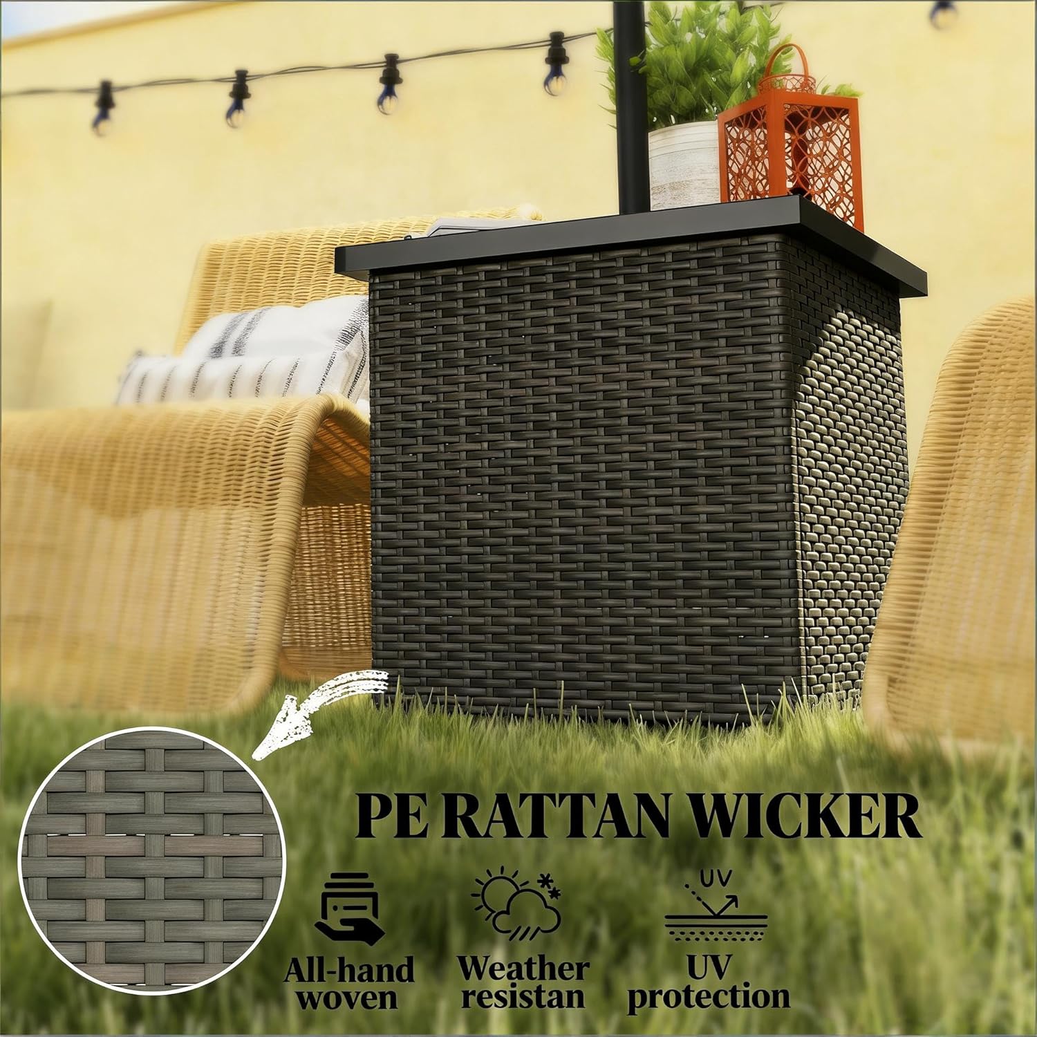 Outdoor Patio Coffee Table,Wicker Side Table with Umbrella Hole PK291