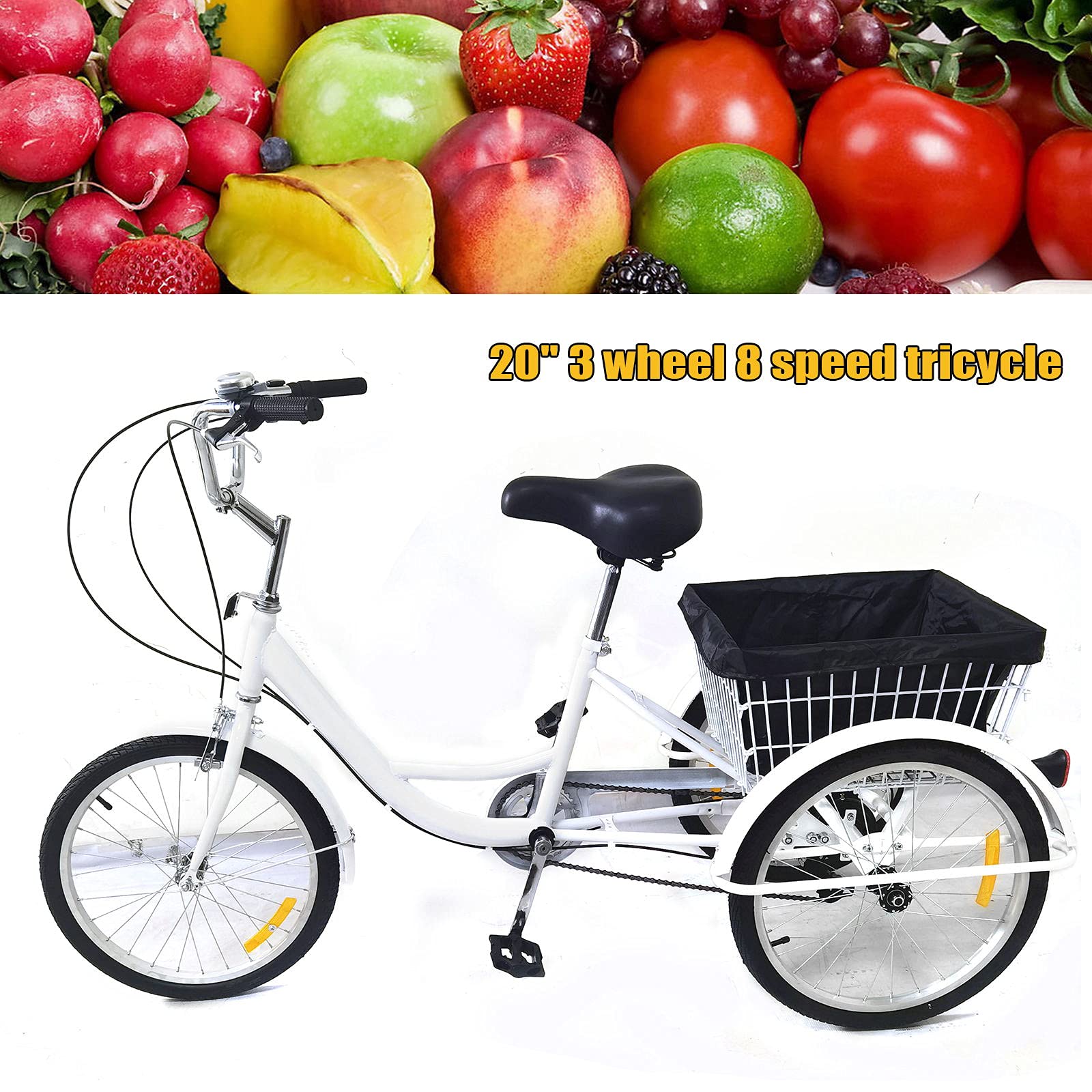 8-speed 20 inch 3-wiel verstelbare high-carbon stalen driewieler voor volwassenen met mand