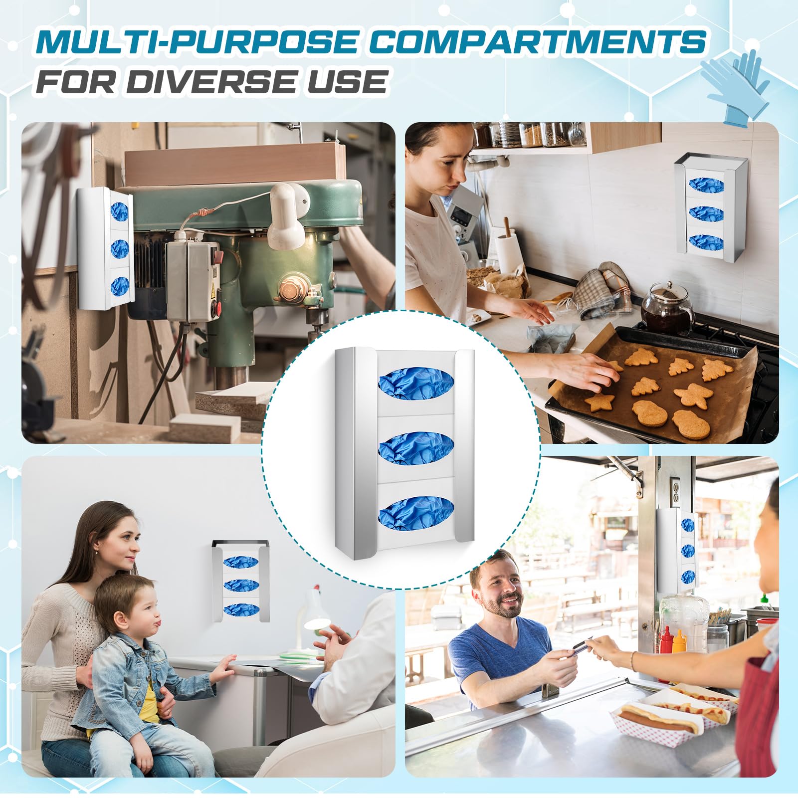 Blulu Confezione da 2 porta guanti/dispenser in acciaio inox, triplo montaggio a parete, 24 cm di altezza x 35 cm di larghezza x 9,74 cm di profondità