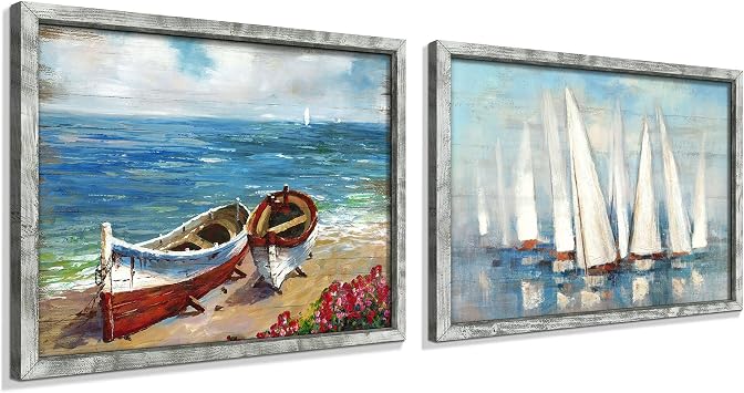 Seascape Painting Abstract Artwork Framed Wooden Coastal Wall Art Beach Pictures Prints Colorful Ocean Wall Decor for Bedroom 16"x12"