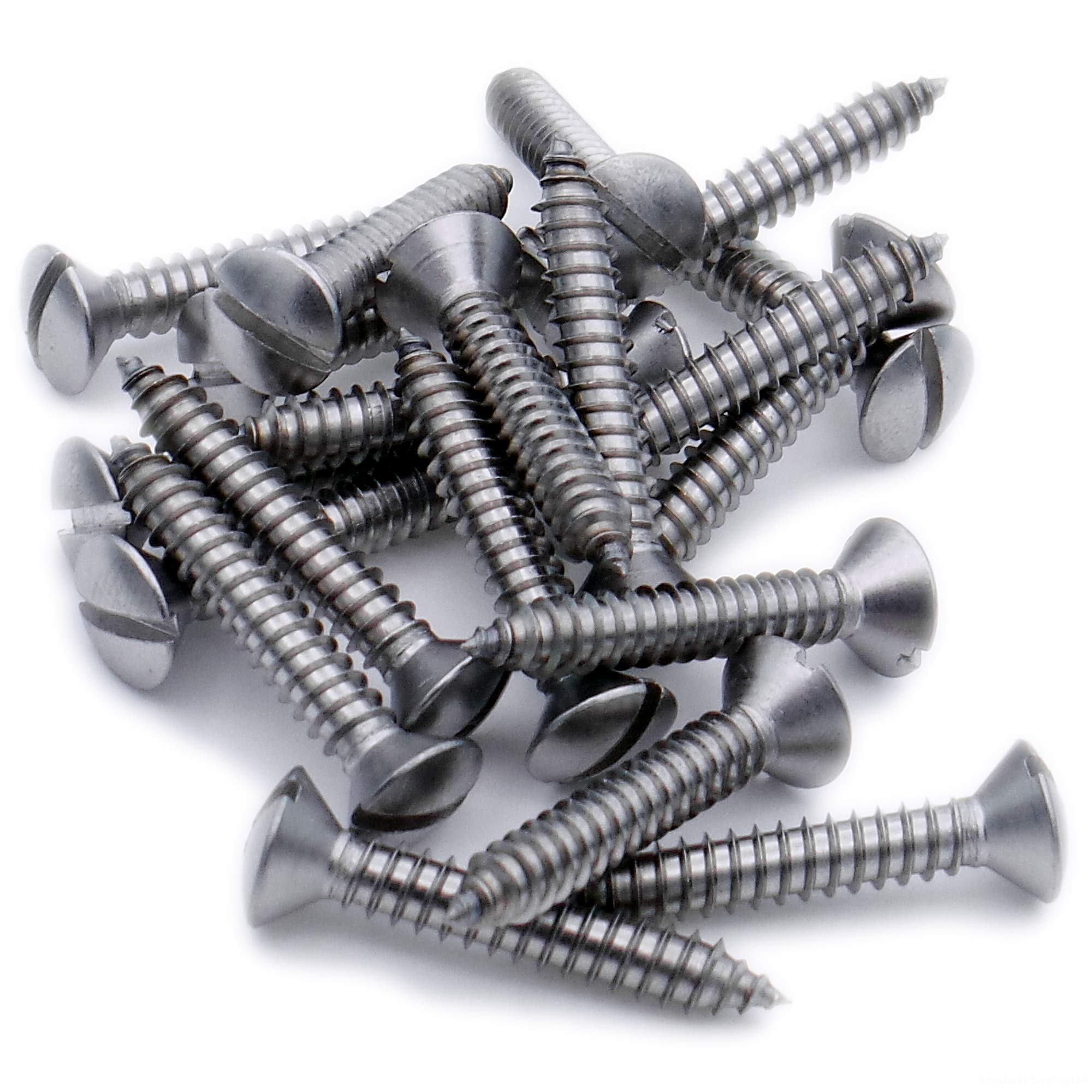 Singularity Supplies Silver No.4 X 0.375 (2.9Mm X 9.5Mm) Slot Raised Countersunk Self-Tapping Screw - Stainless Steel (A2) (Pack Of 20)