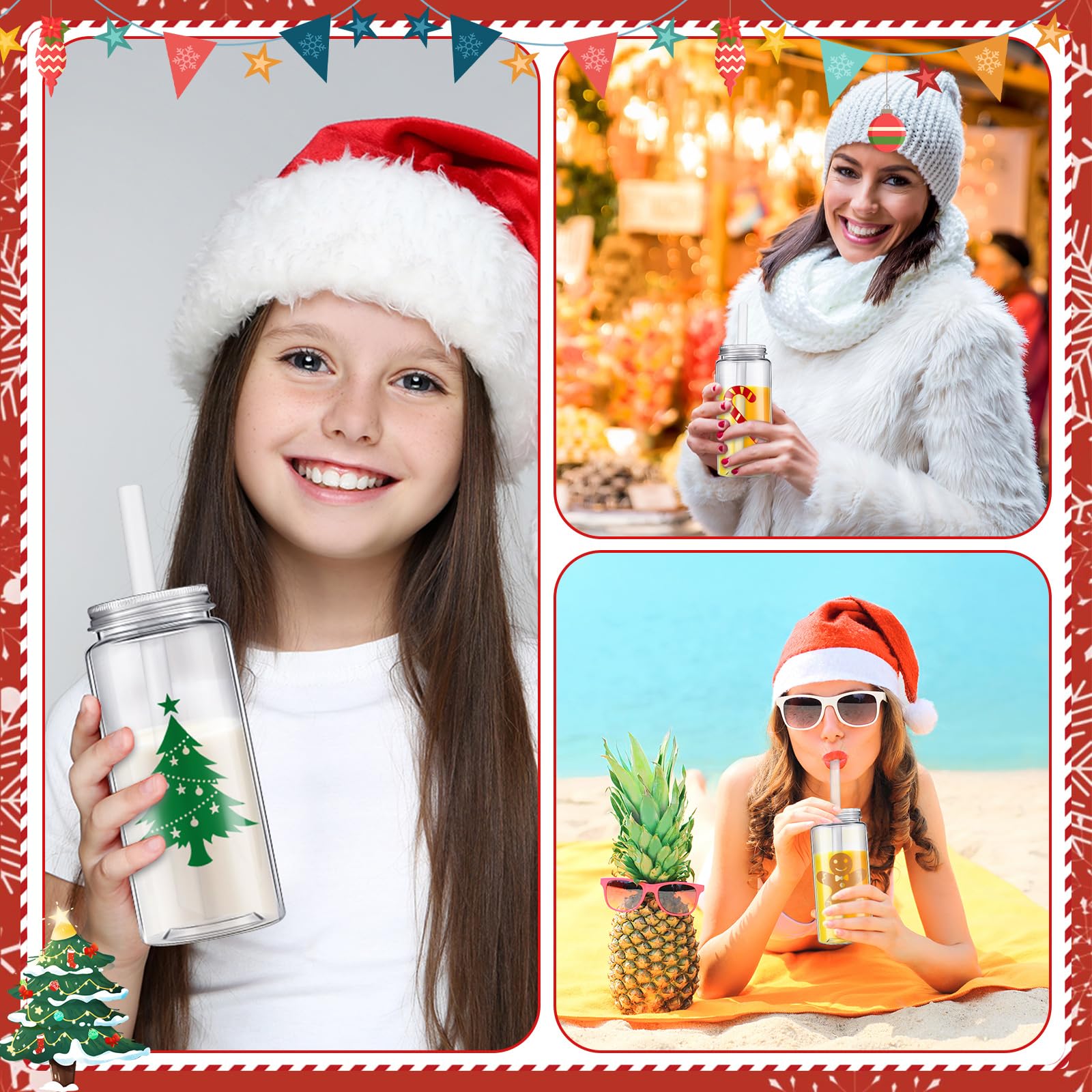Layhit 20 Stück Weihnachtsbecher mit Deckel und Strohhalmen, 383 ml, wiederverwendbare Kunststoff-Trinkbecher, Reisebecher, Kunststoffbecher, Weihnachtsbecher, Weihnachtsbecher für Kinder und