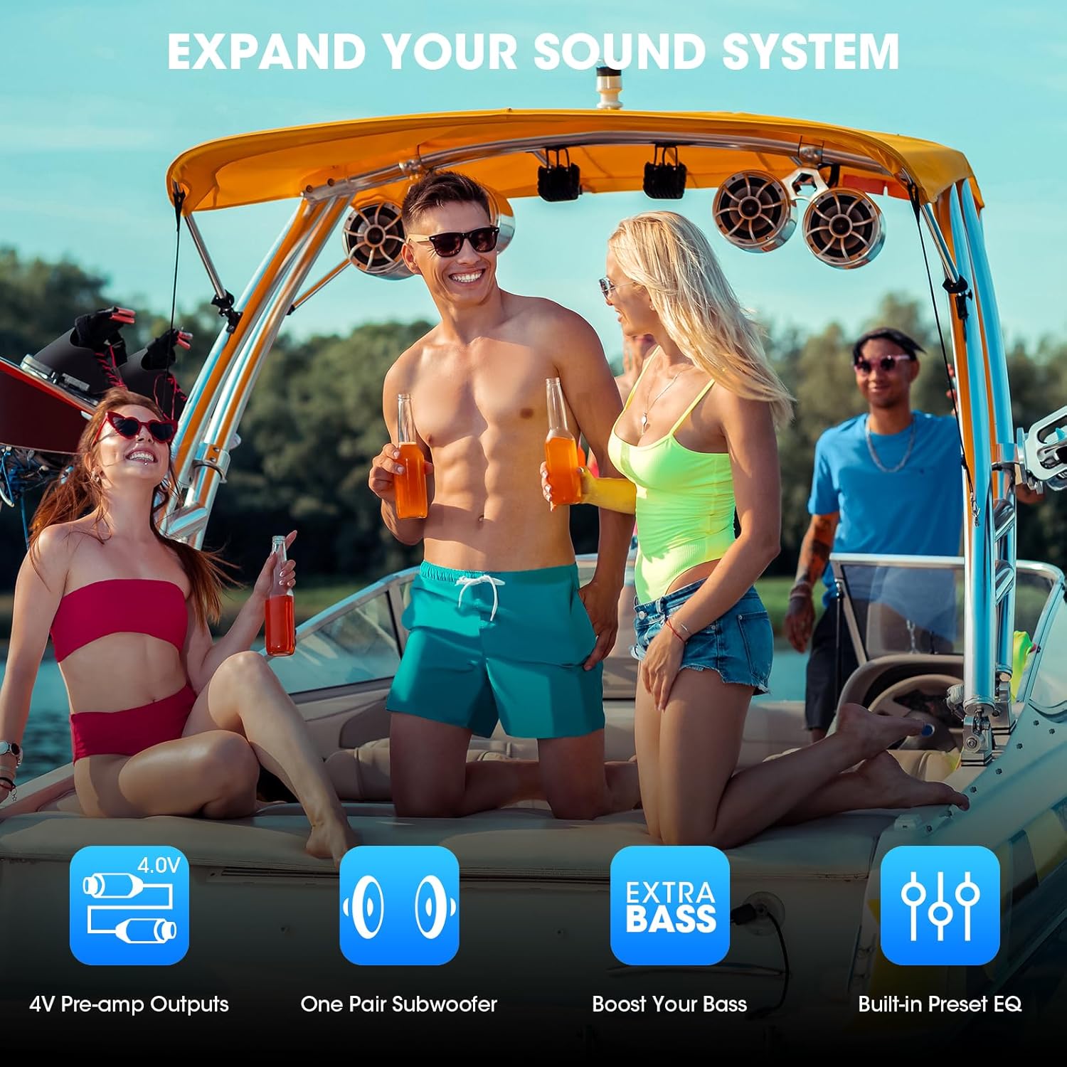 Single Din Marine Stereo Receiver: in Dash Bluetooth Boat Radio - Digital LCD Display Push to Talk Assistant AM FM MP3 SD Aux-in USB Charging 4.2-Channel Audio Output for Marine Vehicle Watercraft