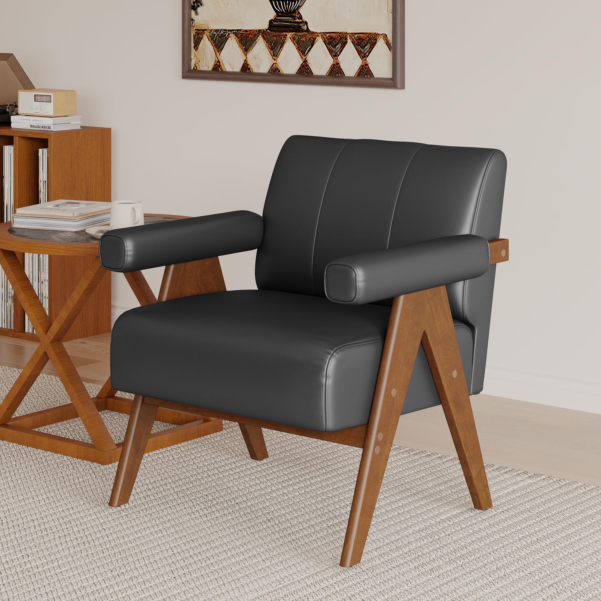 JIASTING Mid Century Modern Accent Chair, Black Leather Office Reading Accent Chairs, Small Comfy Side Arm Chairs for Living Room Bedroom, Wood Arms (