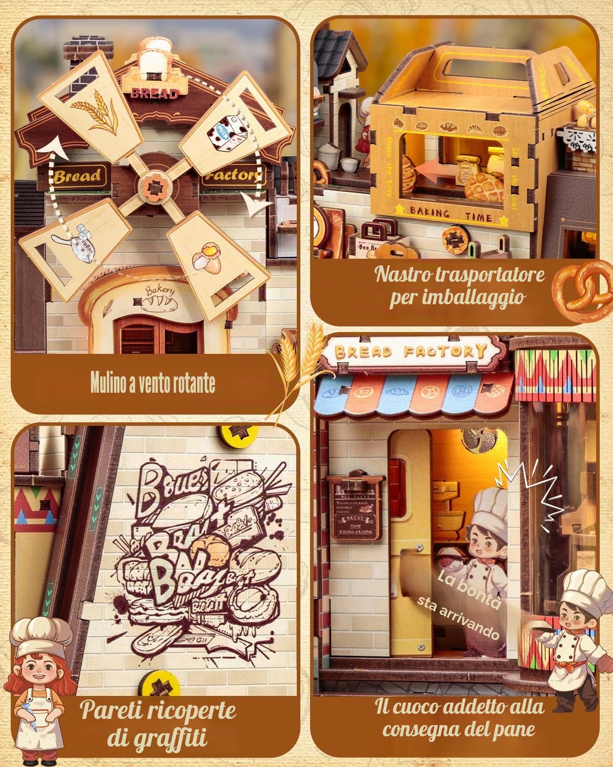 CUTEBEE Puzzle 3D Legno Bread Factory – Modellismo da Costruire Adulti con Luci LED, Musica e Meccanismi Rotanti, Kit 576 pezzi, Miniature da Costruire, Decorazione per Libreria, Regalo Creativo