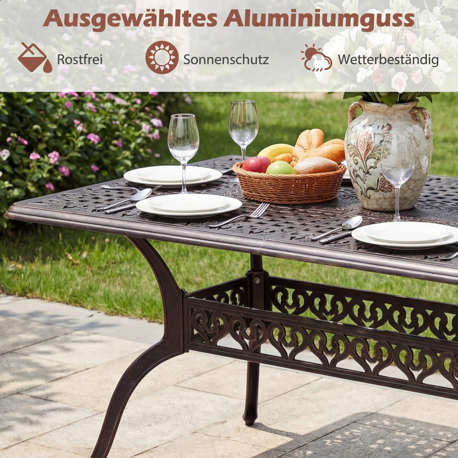 COSTWAY Gartentisch 150x90cm, wetterfester Terrassentisch mit Schirmloch aus Aluminiumguss, rechteckiger Balkontisch für 6 Personen, Esstisch für Garten, Balkon, Terrasse