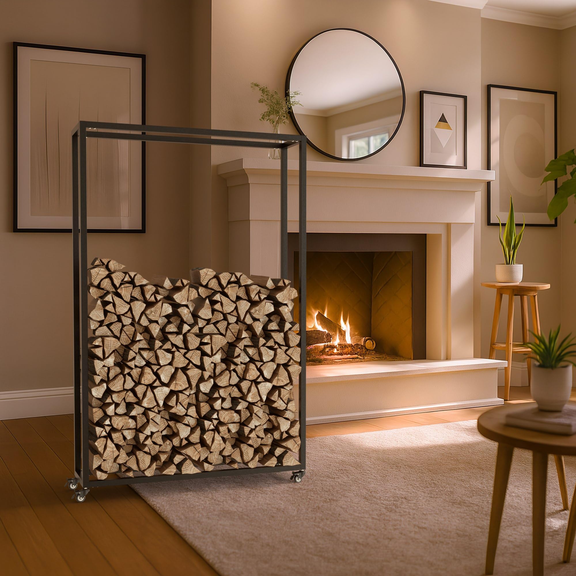 CLP Kaminholzständer innen Metall mit Rollen Hilta, Kaminholzregal aus stabilem Metall, Aufbewahrung für Brennholz im Wohnzimmer Farbe schwarz Größe 25x100x150 cm