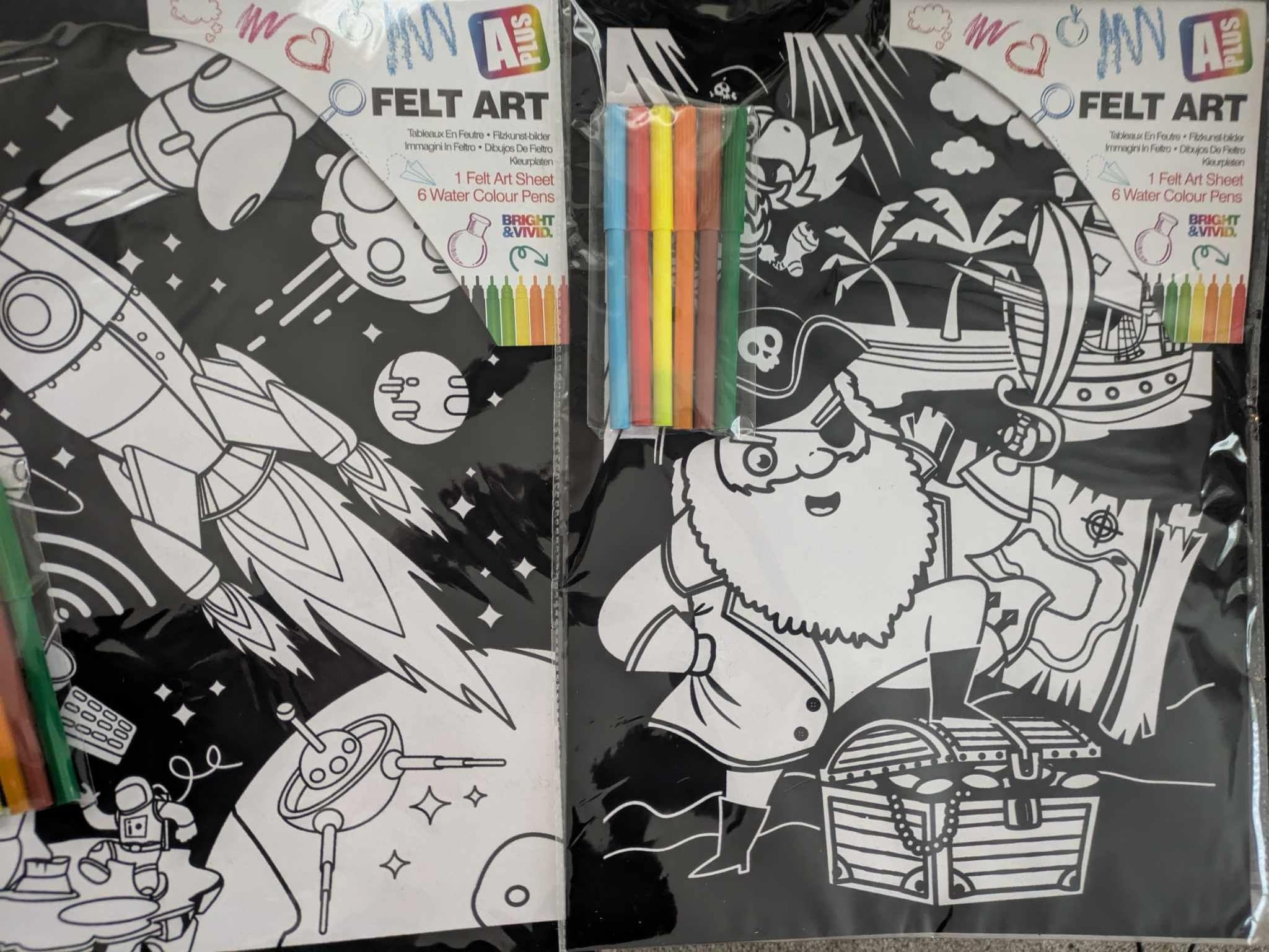 2 x Large Velvet Colouring Picture Art Set with Felt Tip Pens Space & Pirate 11" x 15"