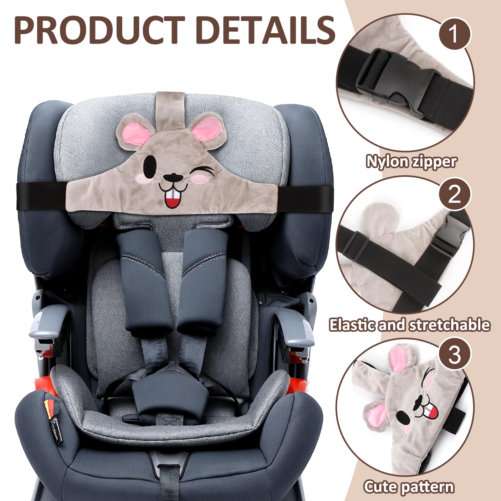 Soporte de cabeza de asiento de coche infantil de bebé, diadema de coche para niños, coche y posicionador de sueño cómodo, correa ajustable para seguridad y comodidad durante los viajes en coche