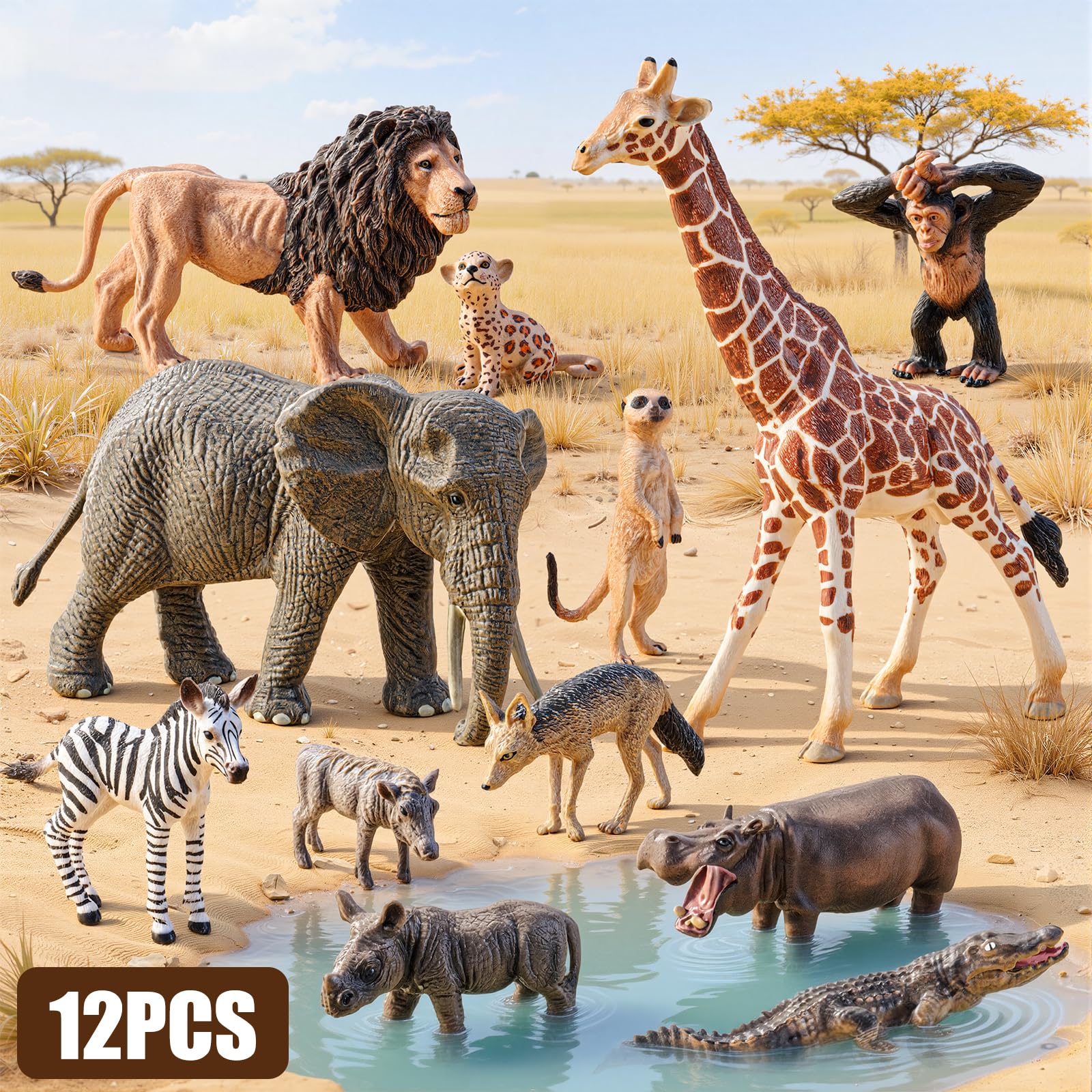 Juego de 12 cifras de animales de safari, cifras realistas de animales salvajes africanos, juguetes educativos de animales zoológicos, recuerdos de fiesta, accesorios de aula, adornos de