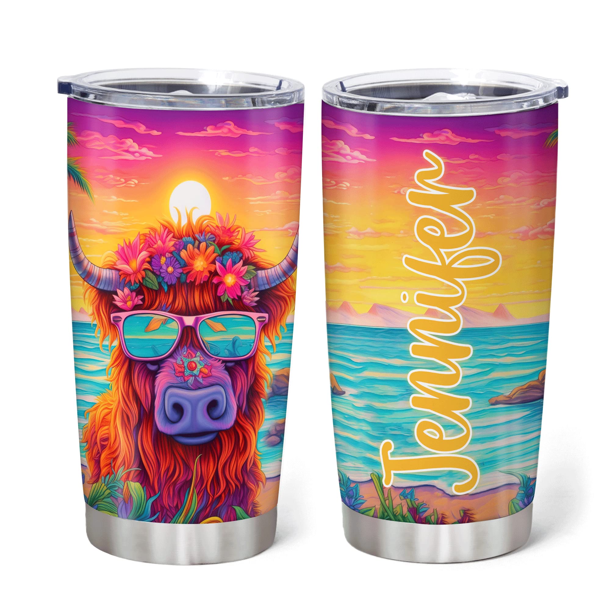 Hyturtle Personalized Gifts For Highland Cow Lover - Highland Cow Customized Name Stainless Steel Tumbler 20oz With Lid - Idea Farm Animals Lover Gifts For Women, Girl, kids On Birthday, Christmas