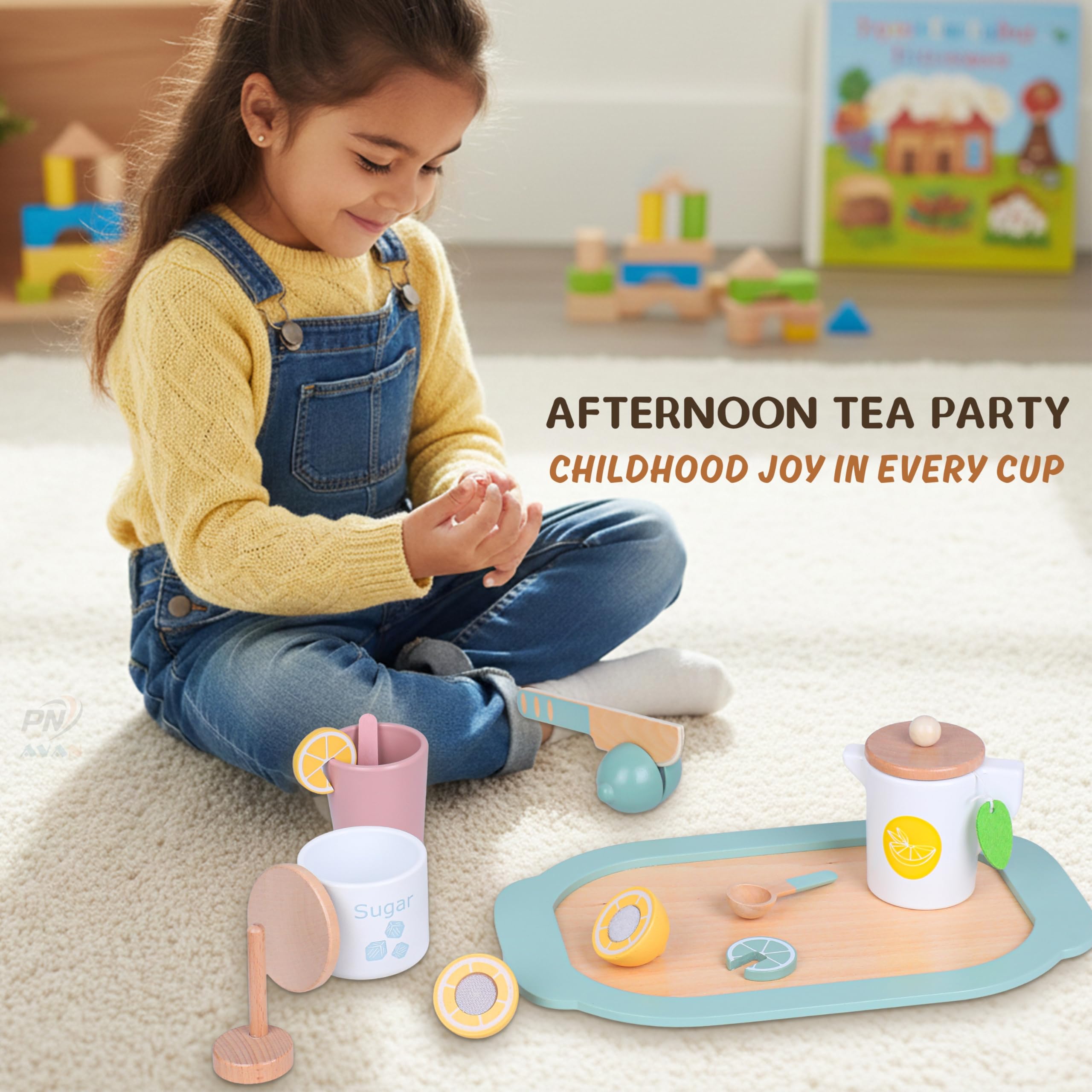 PN AVAN Number Enlightenment Wooden Toy Train for Toddlers - Animal, Transportation, Fruit, Color Recognition Early Education Blocks (Wooden Tea Set) 2