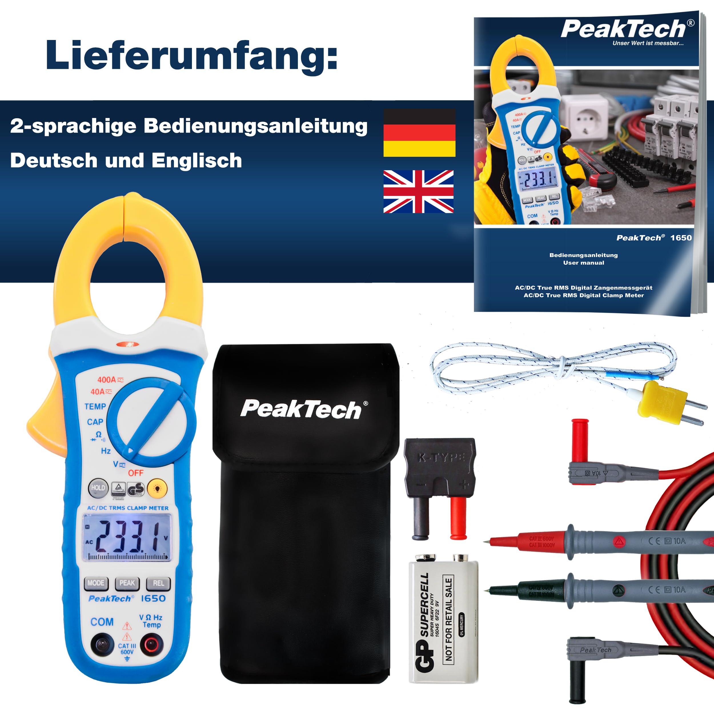 PeakTech P 1650 – True RMS Stromzange 400A AC/DC, Digital Multimeter, Zangenmessgerät, TÜV/GS, Strommesszange, 4000 Counts, Berührungsloser Spannungsmesser, Strommessgerät, Durchgangsprüfer Max. 600V