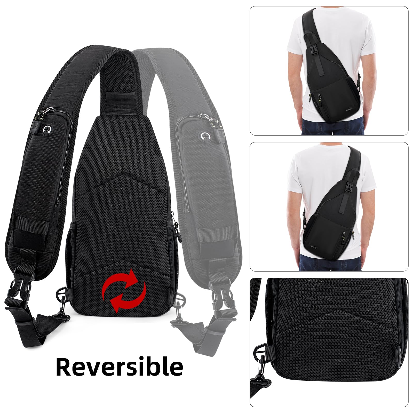 Peicees Sling Bag Crossbody Backpack For Men Women Hiking Waterproof Travel Shoulder Bags For Man Daypack Lightweight (Black)