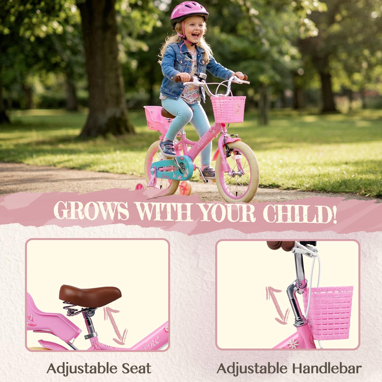 Glerc Bicicleta para niñas con diseño de Princesas, Bicicleta Infantil de 12, 14, 16, 18 y 20 Pulgadas para niños de 2 a 13 años, Asiento para muñecas, Cesta, ruedines y Soporte para Bicicleta