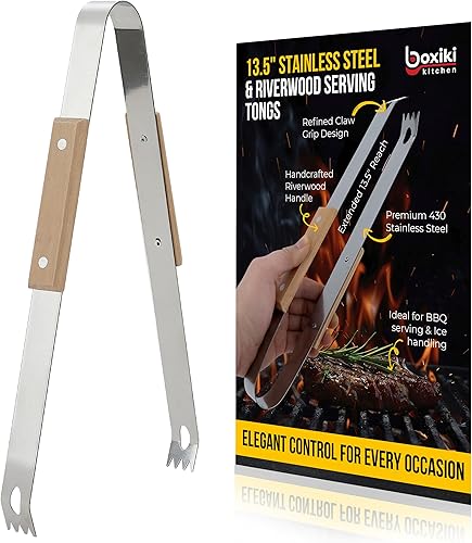 Pinzas para servir de acero inoxidable de 13.5 pulgadas con mango de madera, diseño elegante para hielo, barbacoa, ensalada o bufé, pinzas de cocina