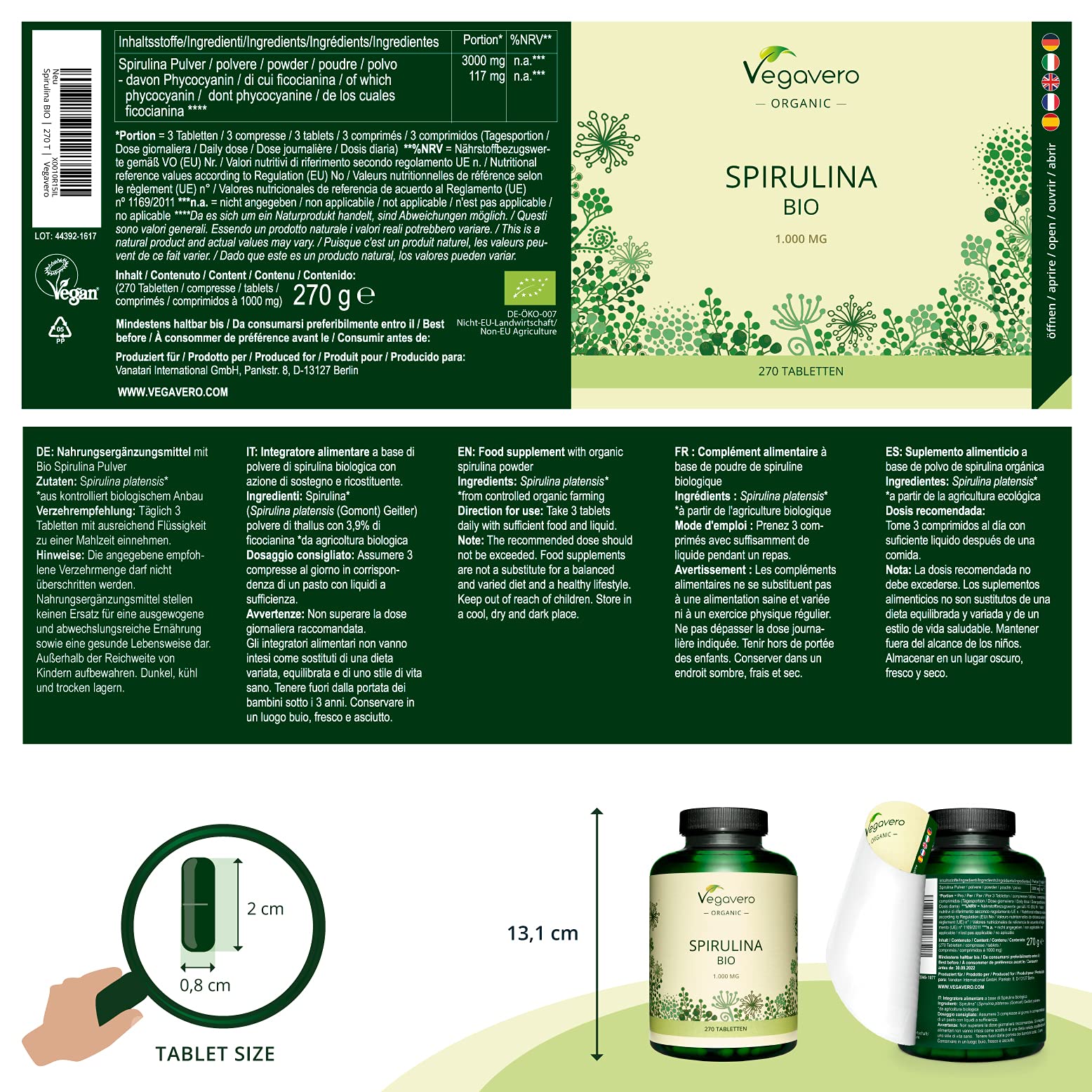 Organic Spirulina Vegavero® Highly Dosed 1000 mg per Tablet 270