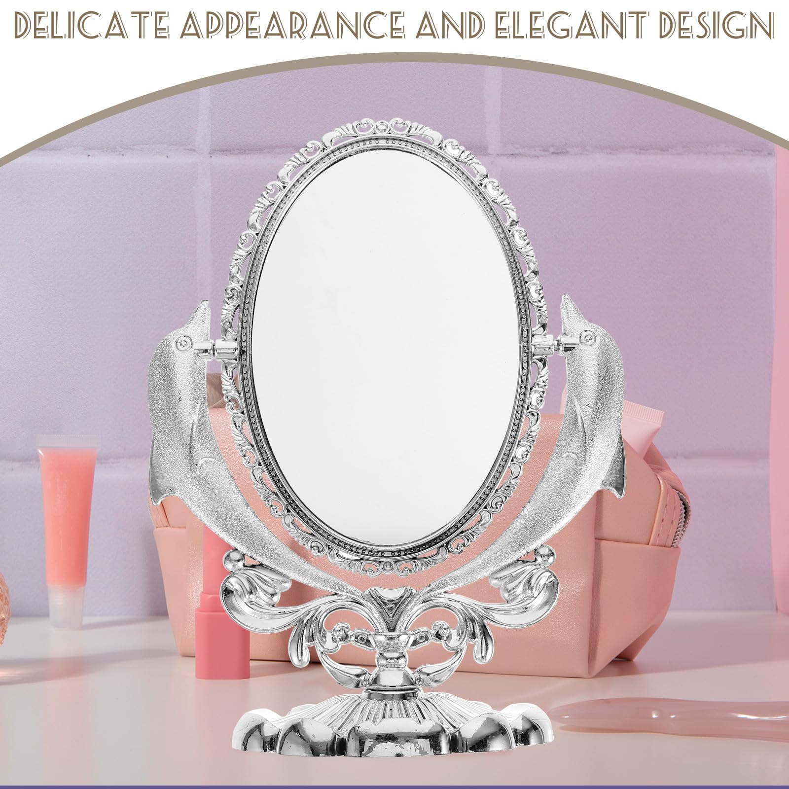 Doppelseitiger Kosmetikspiegel mit Drehbarem Standfuß aus Kunststoff und Glas Eleganter Silberner Tischspiegel mit Delfin Design für Schminken Am Schminktisch