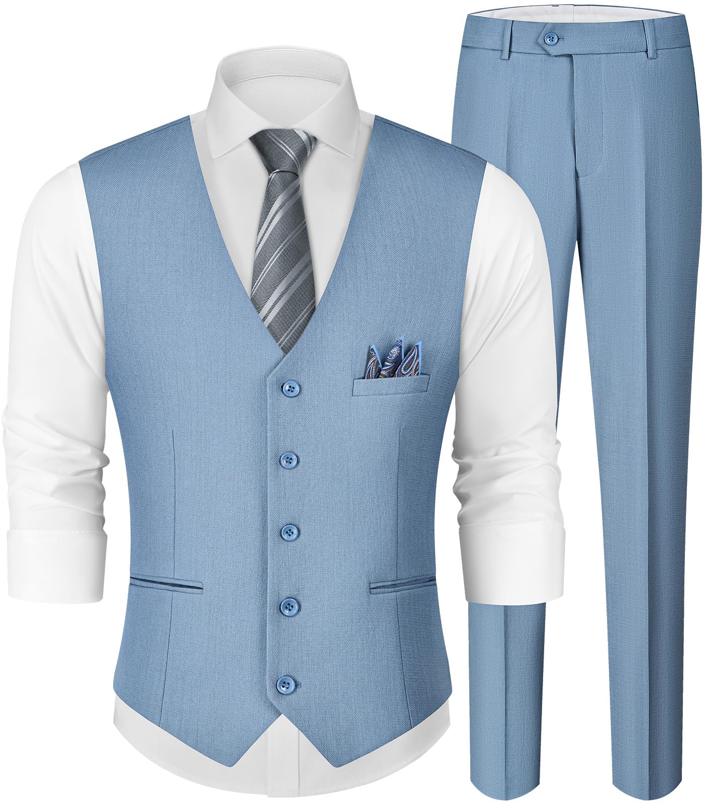 MAGE MALE linen-blend slim-fit vest and pants set in light blue with pocket square
