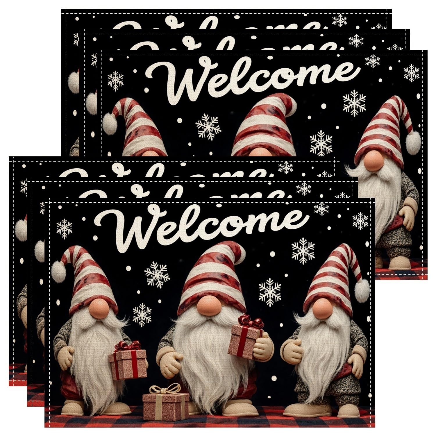 Welcome Gnomes Placemats, Black Holiday Decorative Place Mats for Dining Table, Winter Festive Non-Slip Washable Indoor Outdoor Kitchen Party Decorative Placemat Set of 6