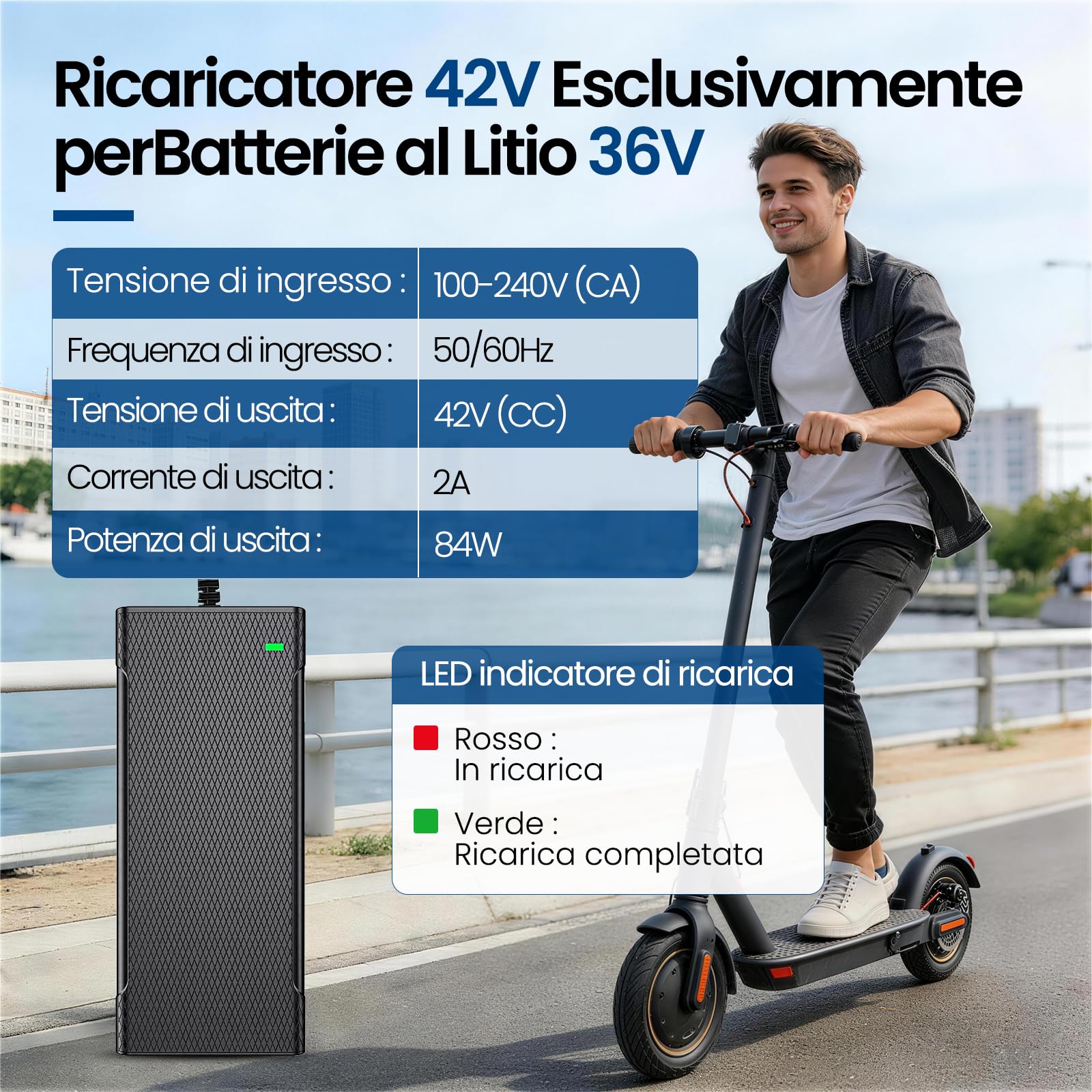 Caricabatterie per Monopattino Elettrico, 42V 2A Caricabatterie Hoverboard 36V Monopattino Batteria con 4 Connettori per Hoverboard, Scooter Elettrico, Tavola da Drift, per X-iaomi, S-egway