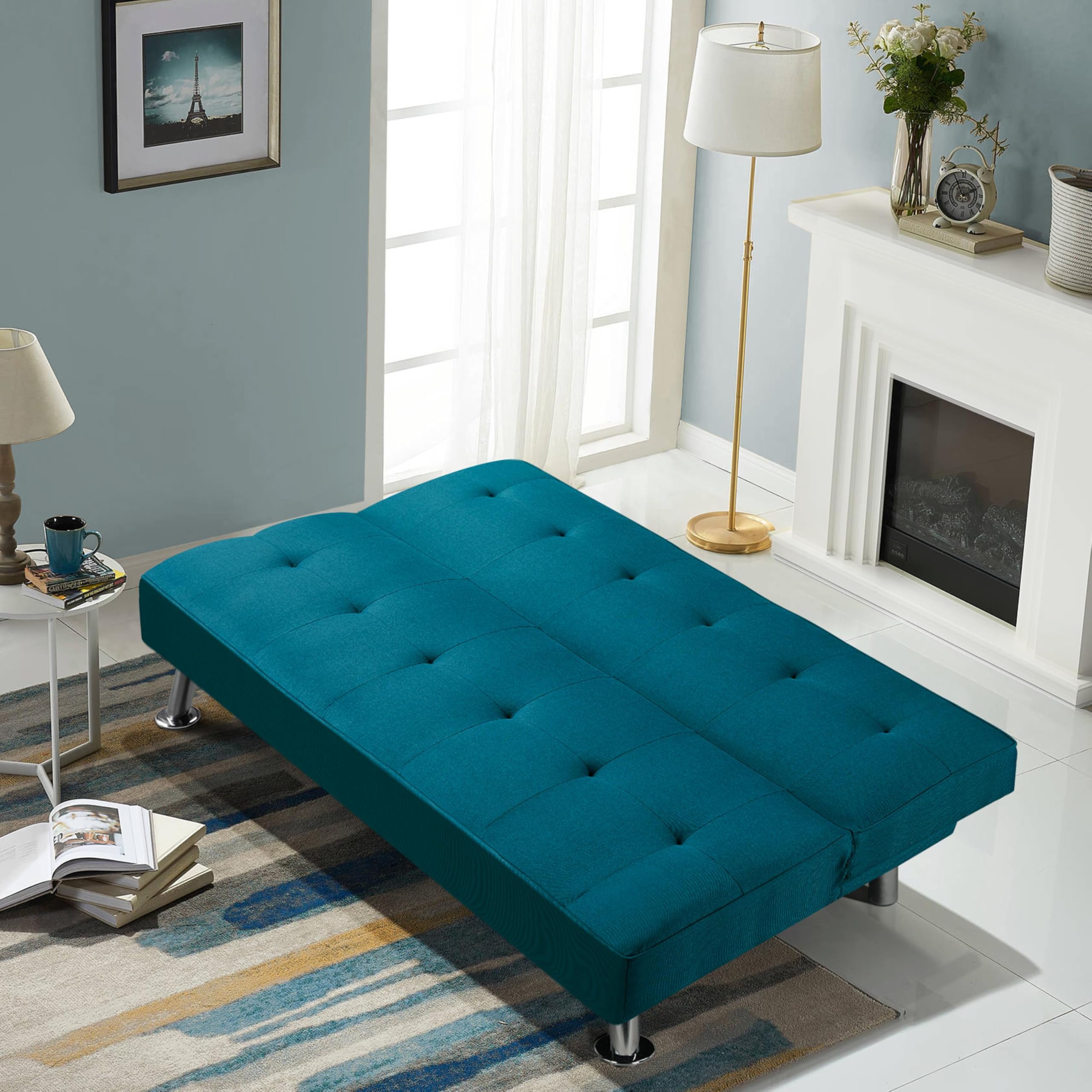 Yaheetech Divano Letto Reclinabile con Seduta Imbottita Convertibile in Letto 105° - 180° Mobile Regolabile da Soggiorno Salotto Stanza Ospiti Arredamento per Riposo Blu Acqua/Tessuto