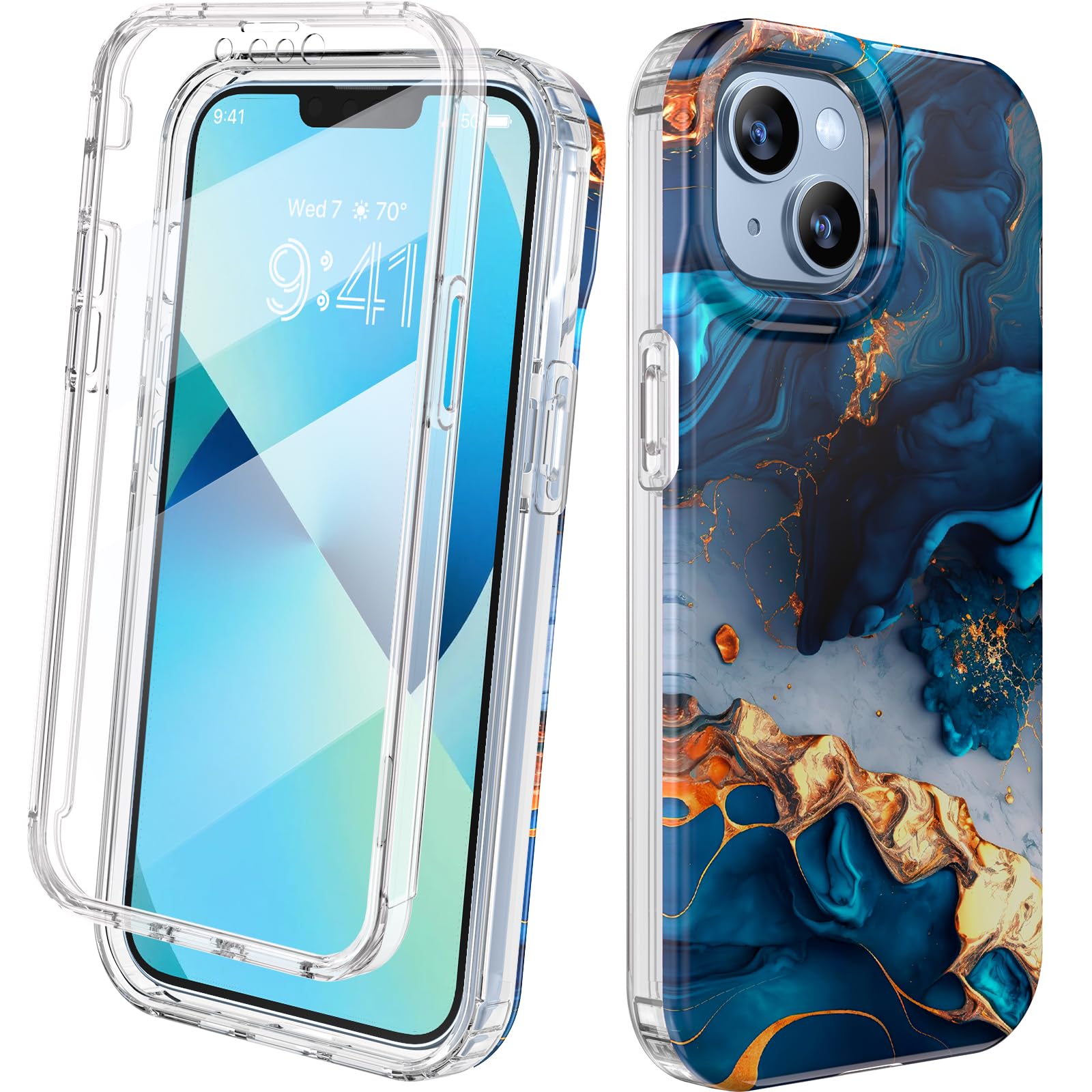 Diaclara Designed for iPhone 13 Case, Full Body Rugged with Built-in Touch Sensitive Anti-Scratch Screen Protector, Soft TPU Bumper Case for iPhone 13 6.1" (Water Blue)