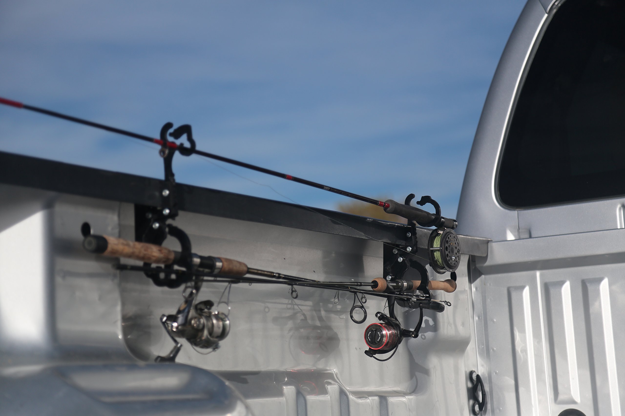 Fishing Rod Holder by GFO – A clamp on Rail Mount Rod Carrier for Your Truck or Boat – Spinning and Fly Rod Holder/ Storage.